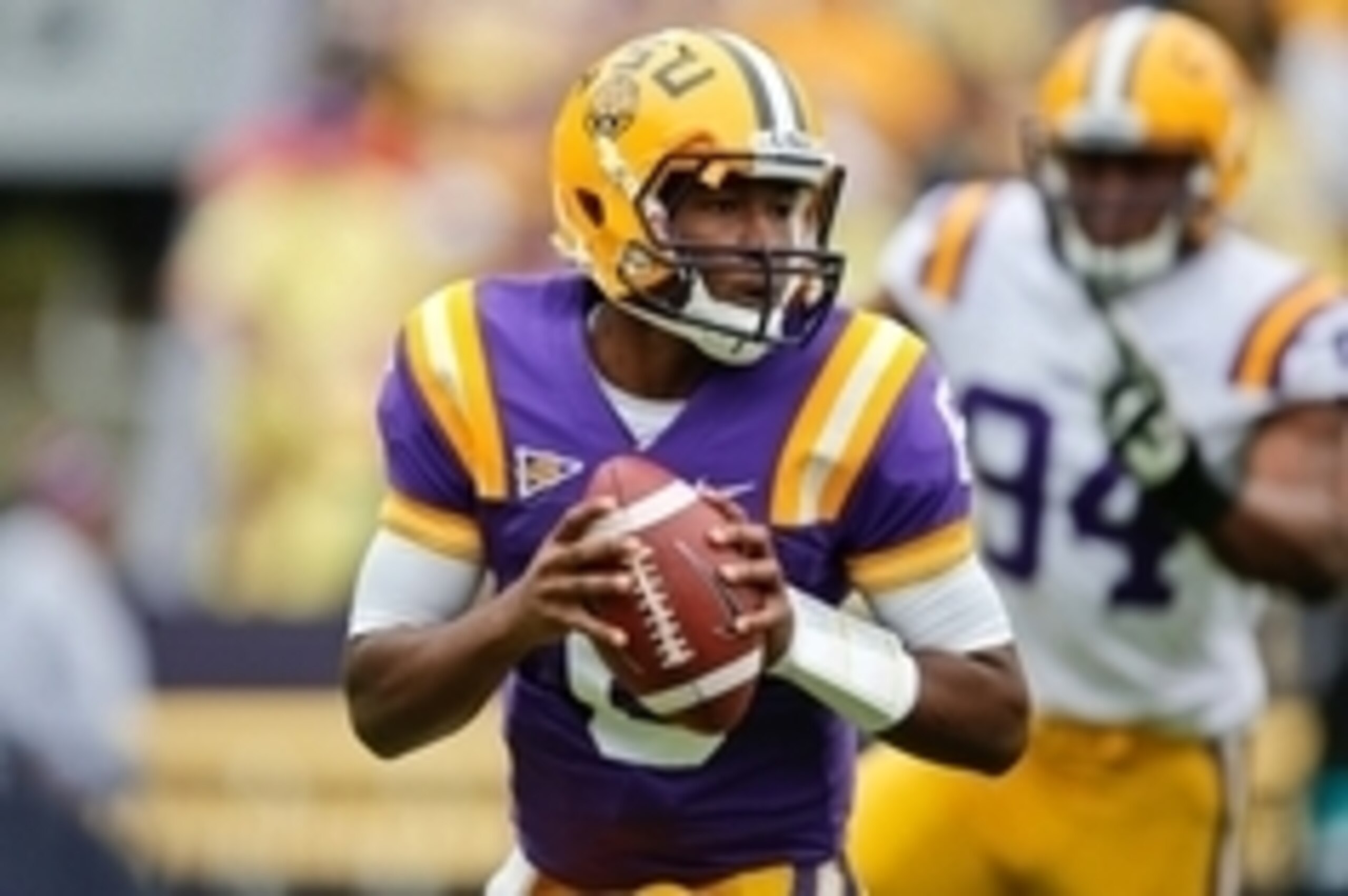 Apr 5, 2014; Baton Rouge, LA, USA; LSU Tigers quarterback Brandon Harris (6) during the 2014 spring game at Tiger Stadium. Mandatory Credit: Derick E. Hingle-USA TODAY Sports