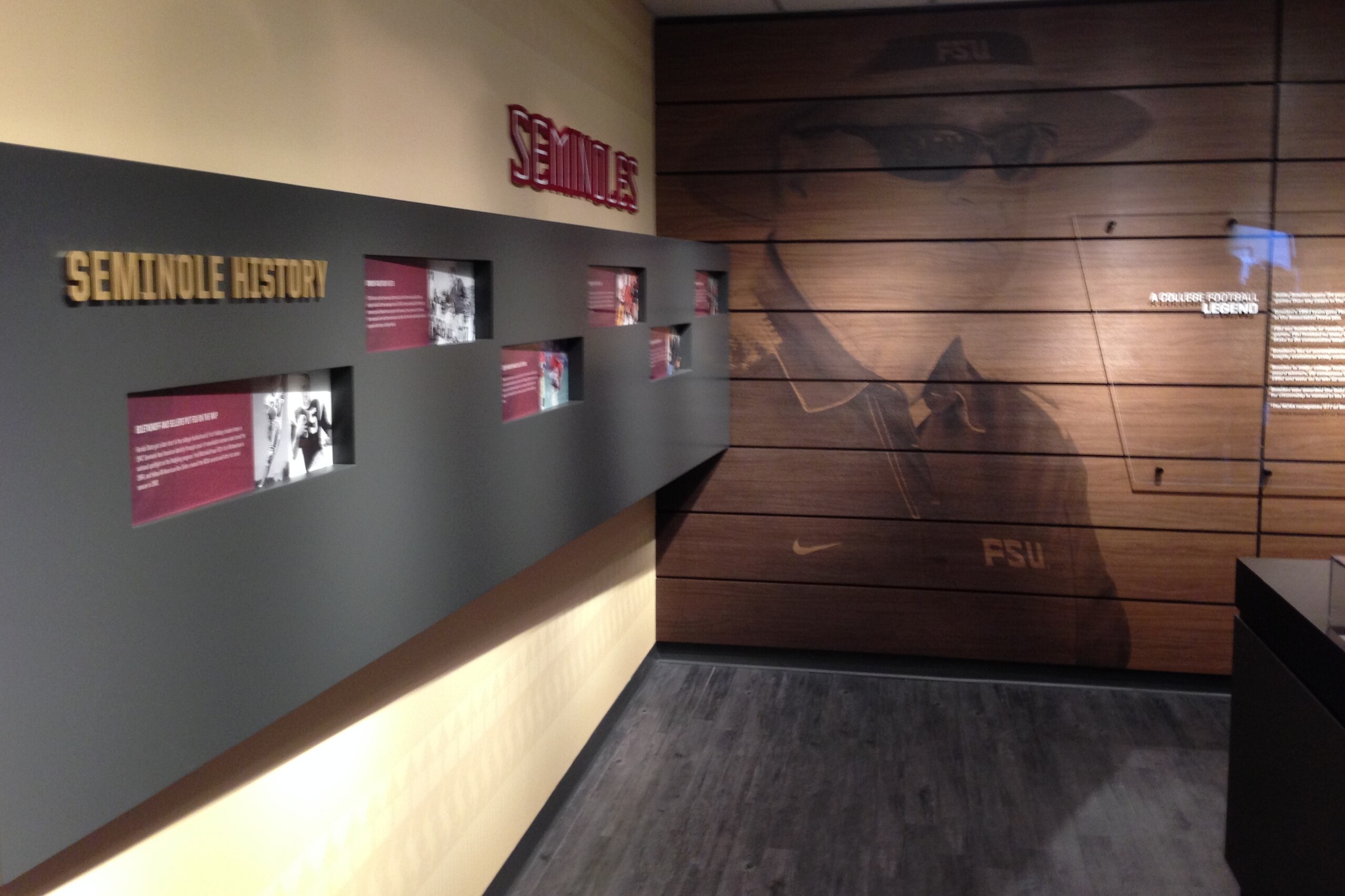 An area outside the coaches' offices is dedicated to "Seminole History" and coaching legend Bobby Bowden. An area outside the coaches' offices is dedicated to "Seminole History" and coaching legend Bobby Bowden.