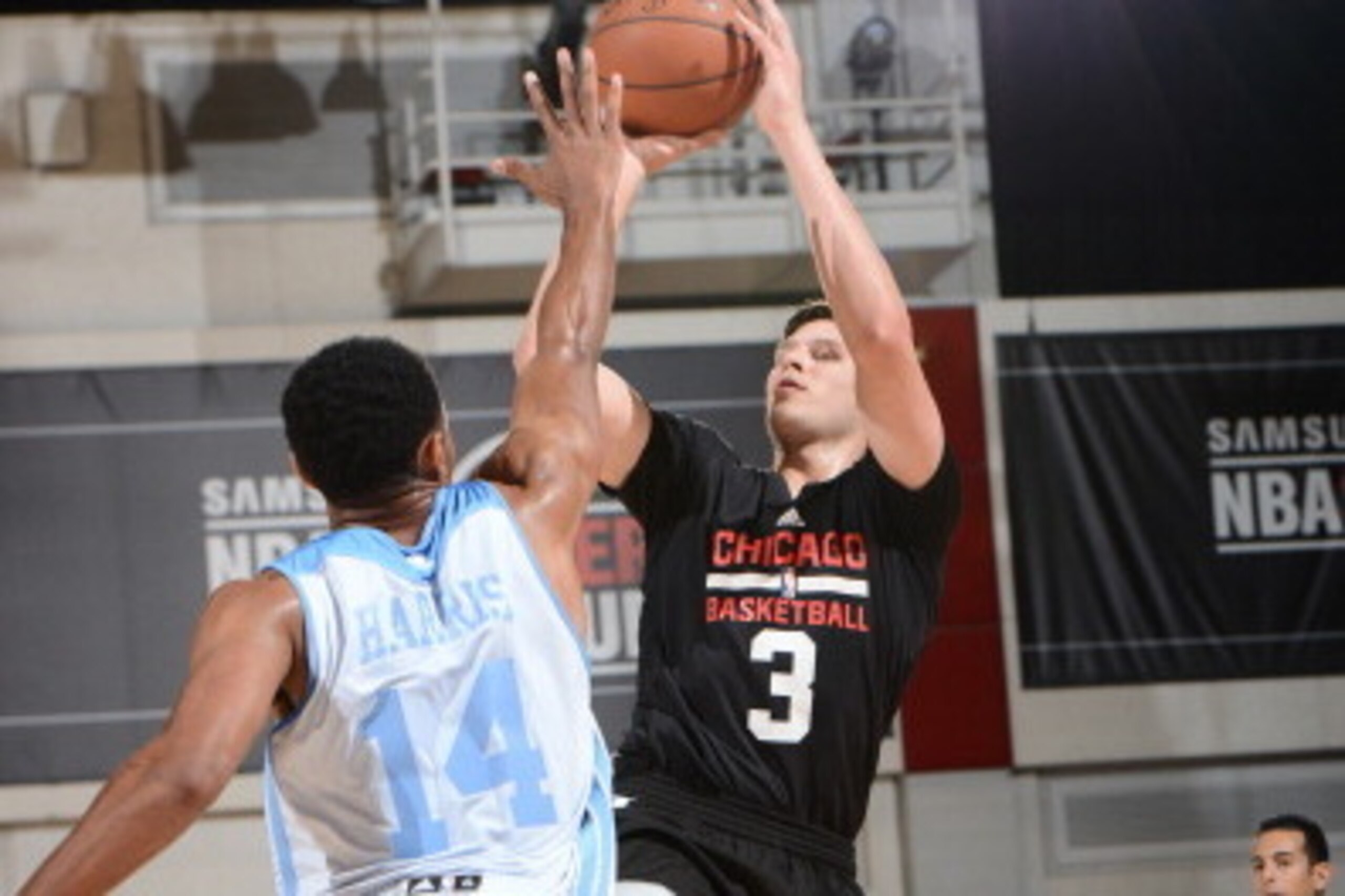 LAS VEGAS, NV - JULY 13:  Doug McDermott #3 of the Chicago Bulls takes a shot against the Denver Nuggets at the Samsung NBA Summer League 2014 on July 13, 2014 at the Cox Pavilion in Las Vegas, Nevada. NOTE TO USER: User expressly acknowledges and agrees 