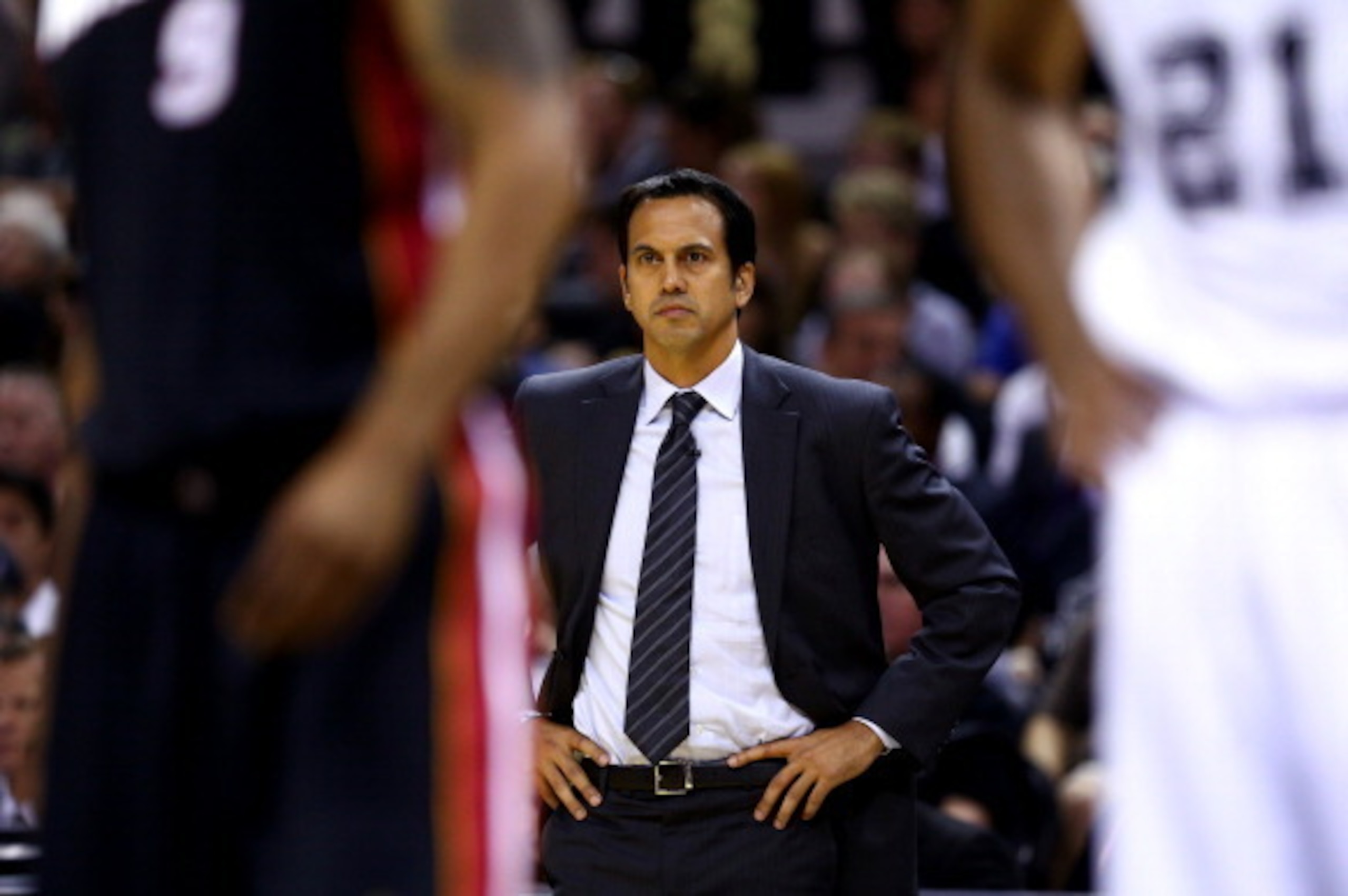 SAN ANTONIO, TX - JUNE 08: Erik Spoelstra of the Miami Heat looks on against the San Antonio Spurs during Game Two of the 2014 NBA Finals at the AT&T Center on June 8, 2014 in San Antonio, Texas. NOTE TO USER: User expressly acknowledges and agrees that, 