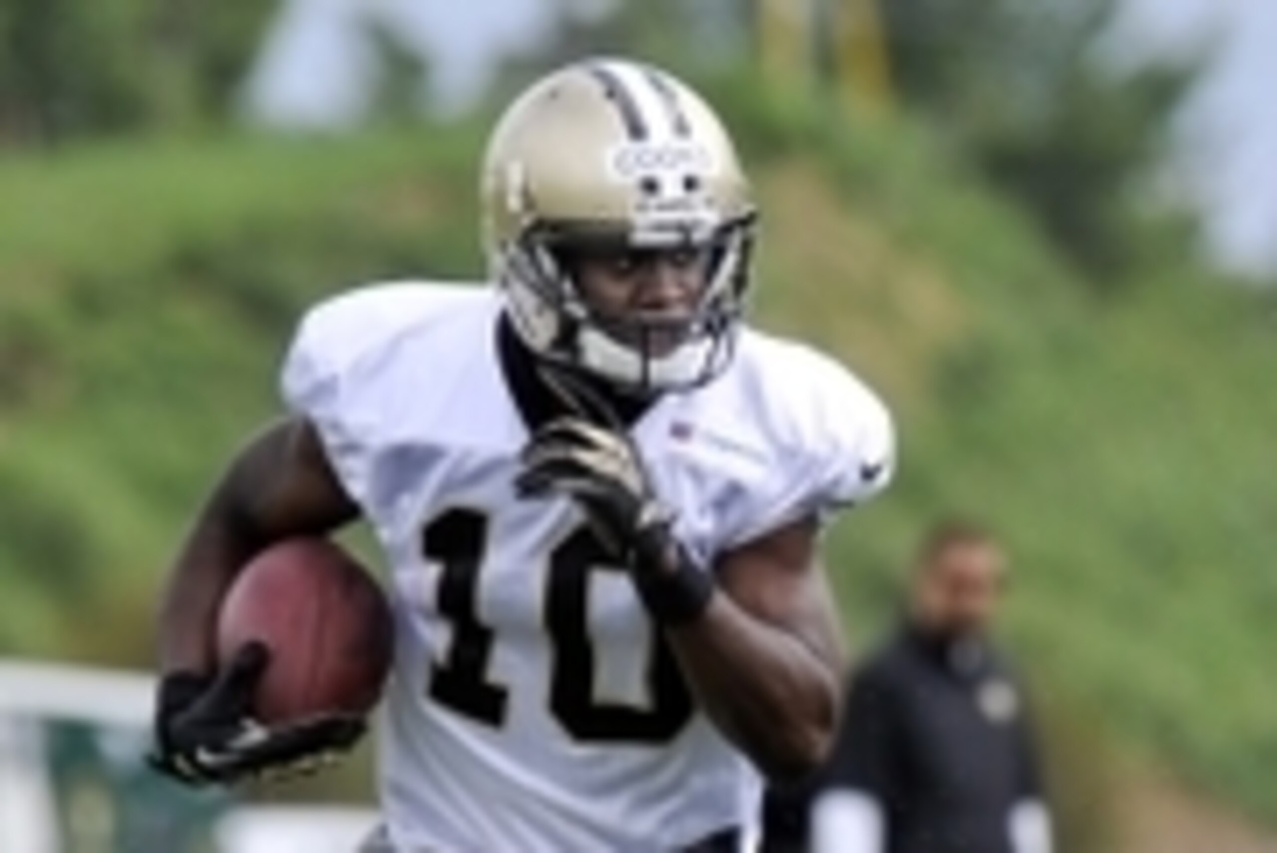 Jul 28, 2014; White Sulpher Springs, WV, USA; New Orleans Saints wide receiver Brandin Cooks (10) carries the ball during training camp at The Greenbrier. Mandatory Credit: Michael Shroyer-USA TODAY Sports Jul 28, 2014; White Sulpher Springs, WV, USA; New Orleans Saints wide receiver Brandin Cooks (10) carries the ball during training camp at The Greenbrier. Mandatory Credit: Michael Shroyer-USA TODAY Sports