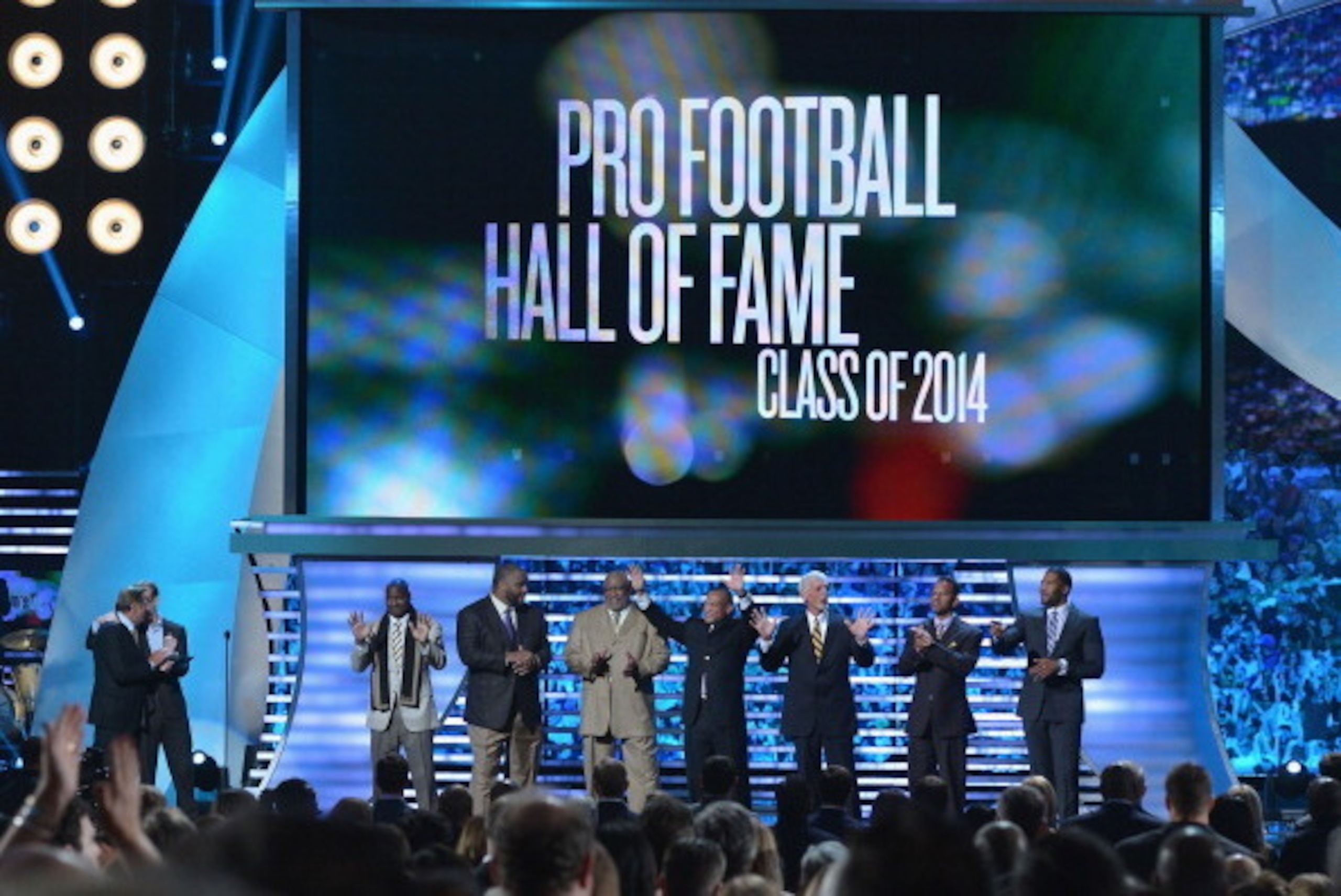 NEW YORK, NY - FEBRUARY 01:  (L-R) Former New York Jets quarterback Joe Namath, sportscaster Joe Buck and NFL's Pro Football Hall of Fame class of 2014 Derrick Brooks, Walter Jones, Claude Humphrey, Aeneas Williams, Ray Guy, Andre Reed and Michael Strahan