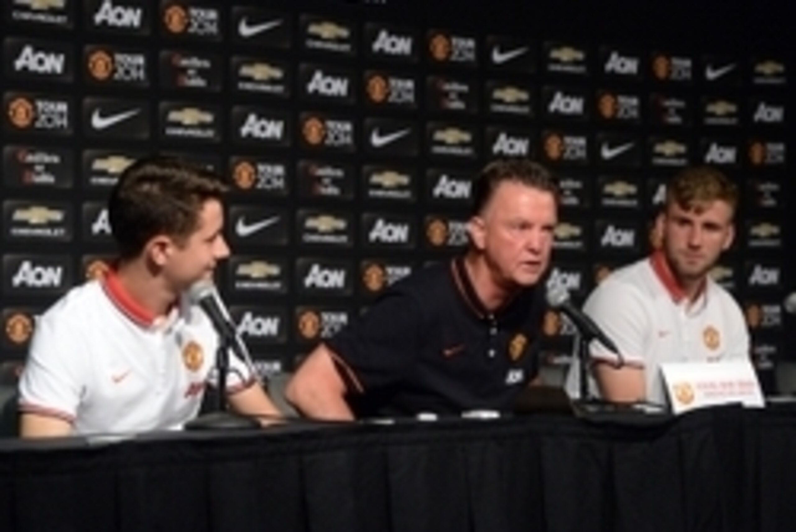 Jul 22, 2014; Pasadena, CA, USA; Manchester United midfielder Ander Herrera, head coach Louis Van Gaal and defender Luke Shaw talk to the media during a press conference a day before the game against the Los Angeles Galaxy at the Rose Bowl. Mandatory Cred