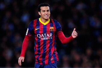 SAN SEBASTIAN, SPAIN - FEBRUARY 22:  Pedro Rodriguez of FC Barcelona gives his thumbs up during the La Liga match between Real Sociedad and FC Barcelona at Estadio Anoeta on February 22, 2014 in San Sebastian, Spain.  (Photo by David Ramos/Getty Images)