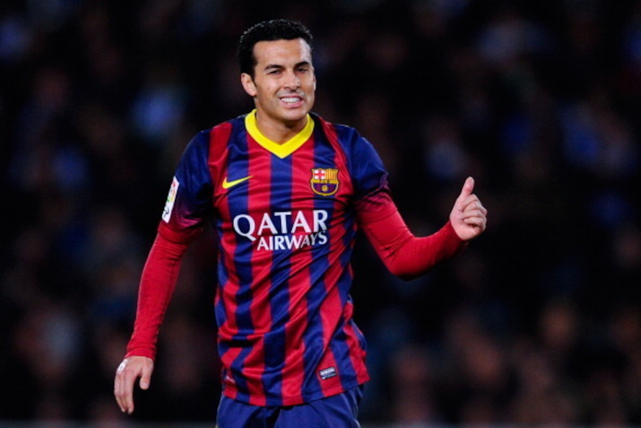SAN SEBASTIAN, SPAIN - FEBRUARY 22:  Pedro Rodriguez of FC Barcelona gives his thumbs up during the La Liga match between Real Sociedad and FC Barcelona at Estadio Anoeta on February 22, 2014 in San Sebastian, Spain.  (Photo by David Ramos/Getty Images)