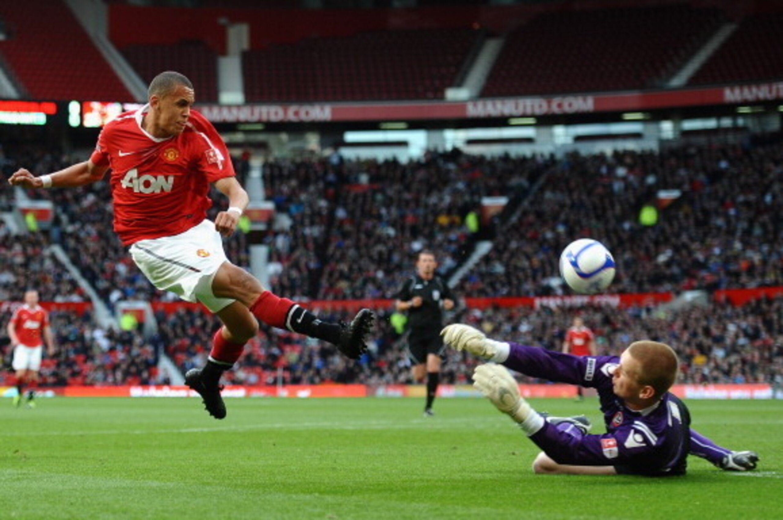 MANCHESTER, ENGLAND - MAY 23: Ravel Morrison of Manchester United has his shot saved by George Long of Sheffield United during the FA Youth Cup Final 2nd Leg match between Manchester United and Sheffield United at Old Trafford on May 23, 2011 in Mancheste