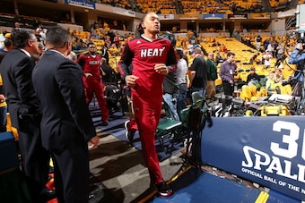 INDIANAPOLIS, IN - MAY 18:  Michael Beasley #8 of the Miami Heat runs out before Game One of the Eastern Conference Finals against the Indiana Pacers on May 18, 2014 at Bankers Life Fieldhouse in Indianapolis, IN.  NOTE TO USER: User expressly acknowledge