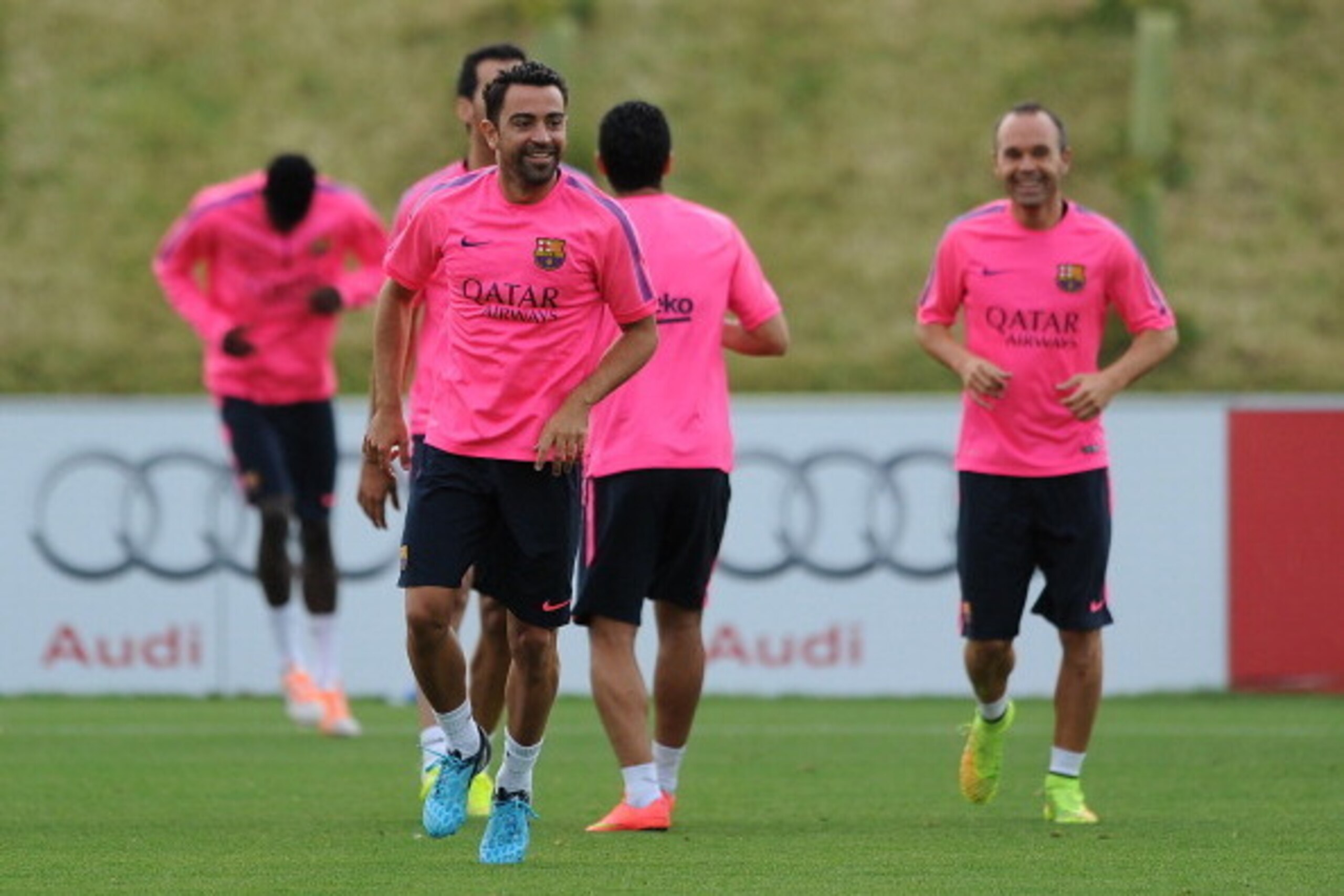 BURTON-UPON-TRENT, ENGLAND - JULY 28: Xavi of Barcelona in action during the Barcelona Training Session at St George's Park on July 28, 2014 in Burton-upon-Trent, England. (Photo by Chris Brunskill/Getty Images)