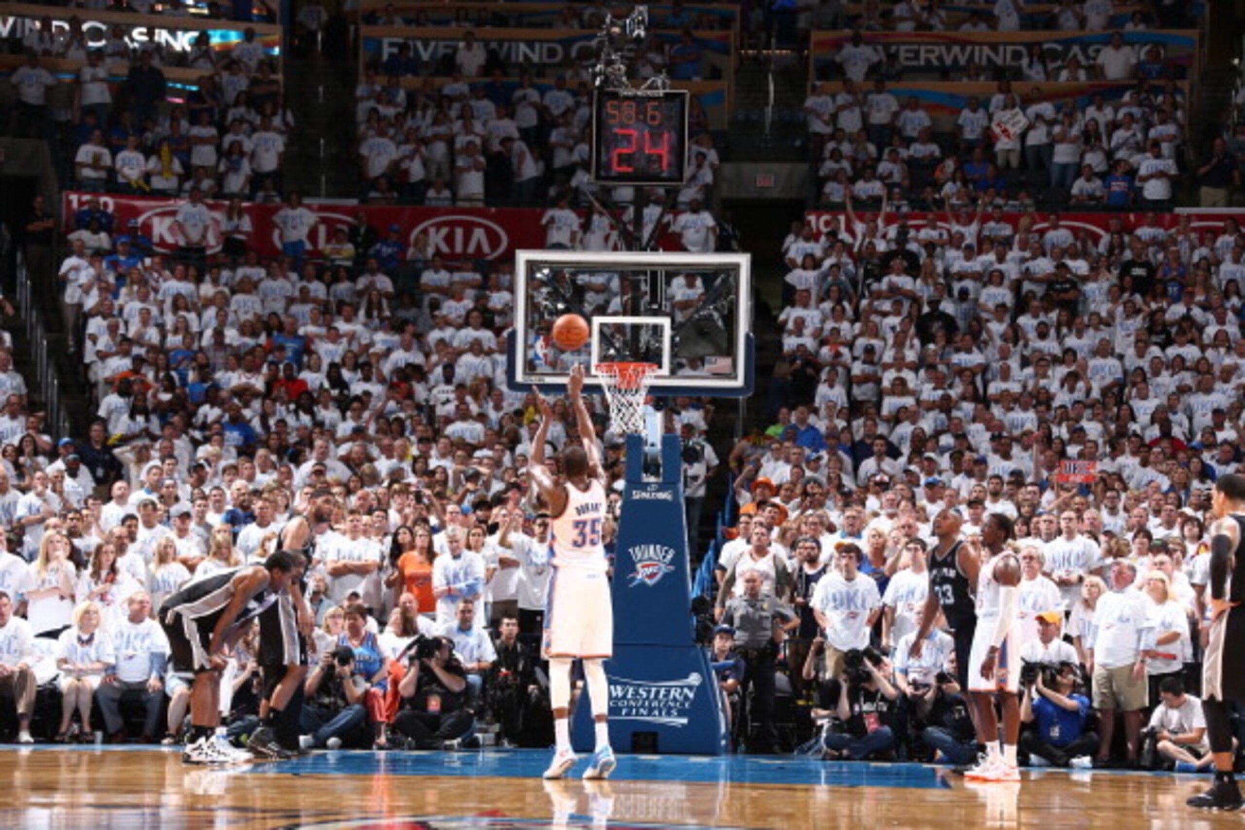 OKLAHOMA CITY, OK - May 31: Kevin Durant #35 of the Oklahoma City Thunder shoots a foul shot against the San Antonio Spurs in Game 6 of the Western Conference Finals during the 2014 NBA Playoffs at the Chesapeake Arena on May 31, 2014 in Oklahoma City, Ok OKLAHOMA CITY, OK - May 31: Kevin Durant #35 of the Oklahoma City Thunder shoots a foul shot against the San Antonio Spurs in Game 6 of the Western Conference Finals during the 2014 NBA Playoffs at the Chesapeake Arena on May 31, 2014 in Oklahoma City, Ok