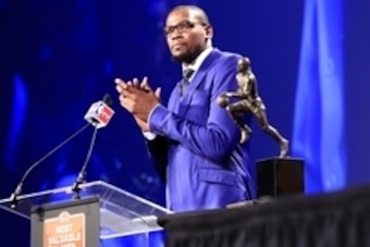 May 6, 2014; Oklahoma City, OK, USA; Oklahoma City Thunder forward Kevin Durant speaks after receiving the 2013-2014 MVP trophy at Thunder Events Center. Mandatory Credit: Alonzo Adams-USA TODAY Sports