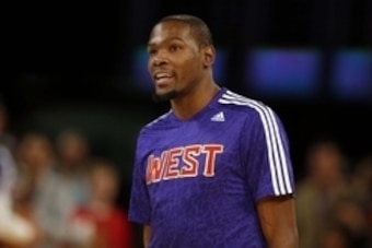 Feb 16, 2014; New Orleans, LA, USA; Western Conference forward Kevin Durant (35) of the Oklahoma City Thunder before the 2014 NBA All-Star Game at the Smoothie King Center. Mandatory Credit: Derick E. Hingle-USA TODAY Sports