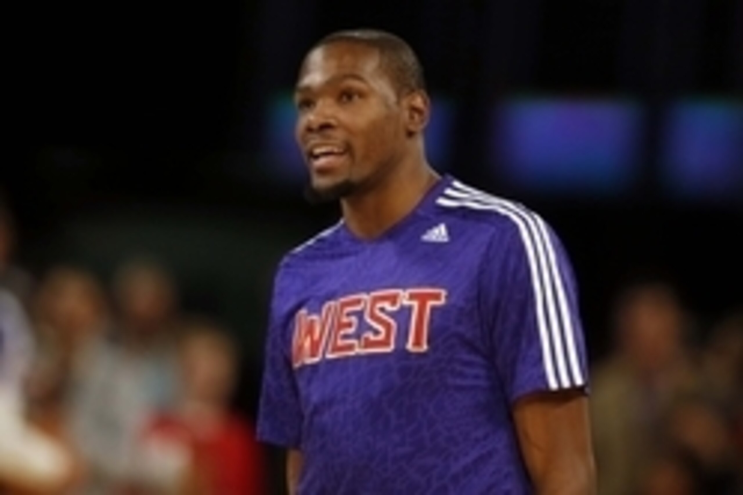 Feb 16, 2014; New Orleans, LA, USA; Western Conference forward Kevin Durant (35) of the Oklahoma City Thunder before the 2014 NBA All-Star Game at the Smoothie King Center. Mandatory Credit: Derick E. Hingle-USA TODAY Sports Feb 16, 2014; New Orleans, LA, USA; Western Conference forward Kevin Durant (35) of the Oklahoma City Thunder before the 2014 NBA All-Star Game at the Smoothie King Center. Mandatory Credit: Derick E. Hingle-USA TODAY Sports