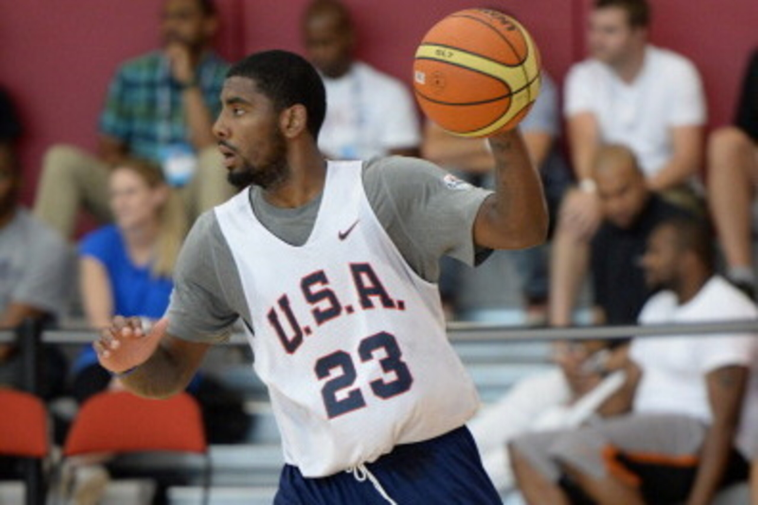 LAS VEGAS, NV - JULY 29:  Kyrie Irving #23 of USA Mens Basketball team handles the ball agains the USA Mens Select team during practice at the Mendenhall Center at the University of Nevada, Las Vegas on July 29, 2014 in Las Vegas, Nevada. NOTE TO USER: Us