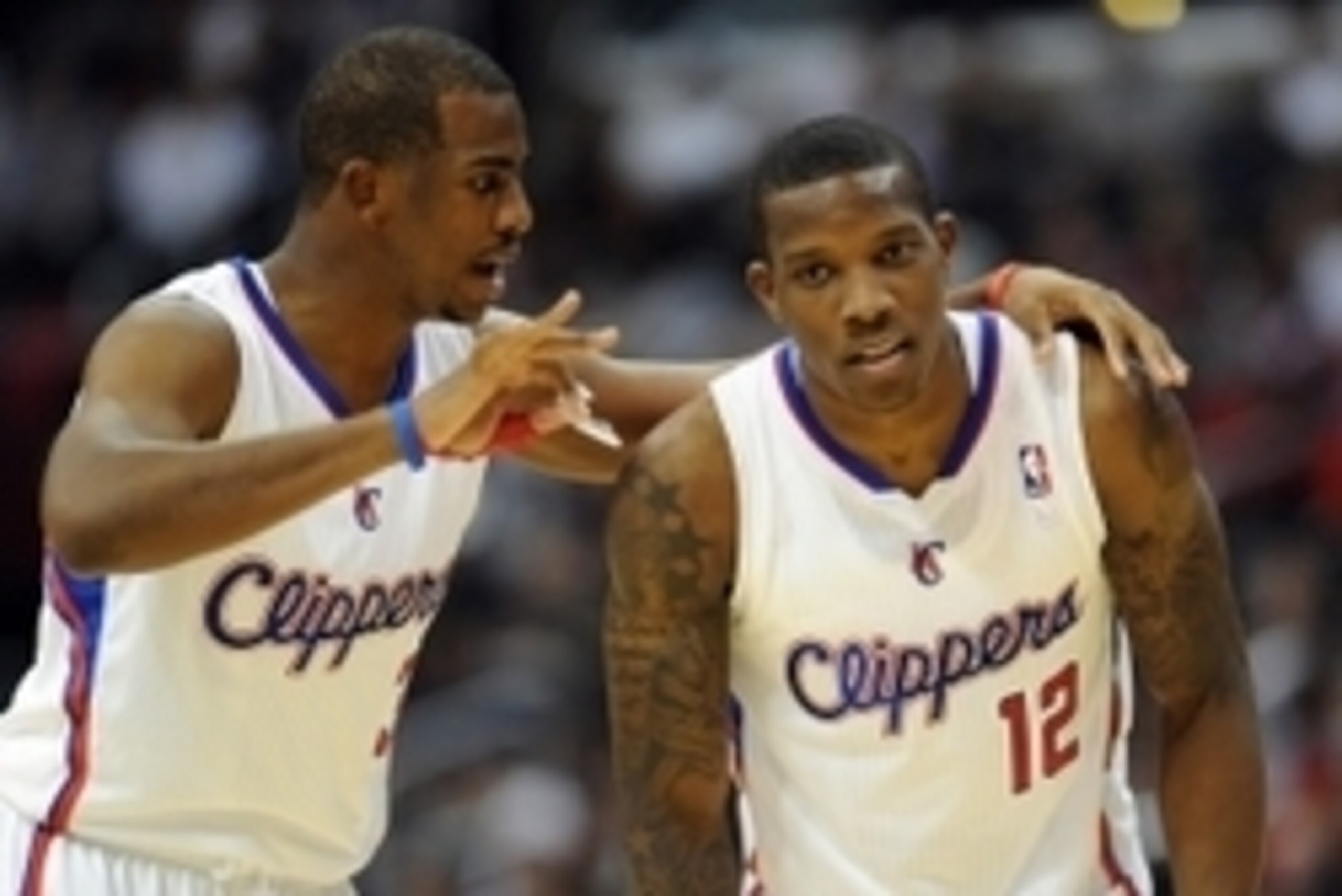 October 17, 2012; Los Angeles, CA, USA;  Los Angeles Clippers guard Chris Paul (3) and guard Eric Bledsoe (12) discuss a play in the first half of the game  against the Utah Jazz at the Staples Center. Mandatory Credit: Jayne Kamin-Oncea-USA TODAY Sports