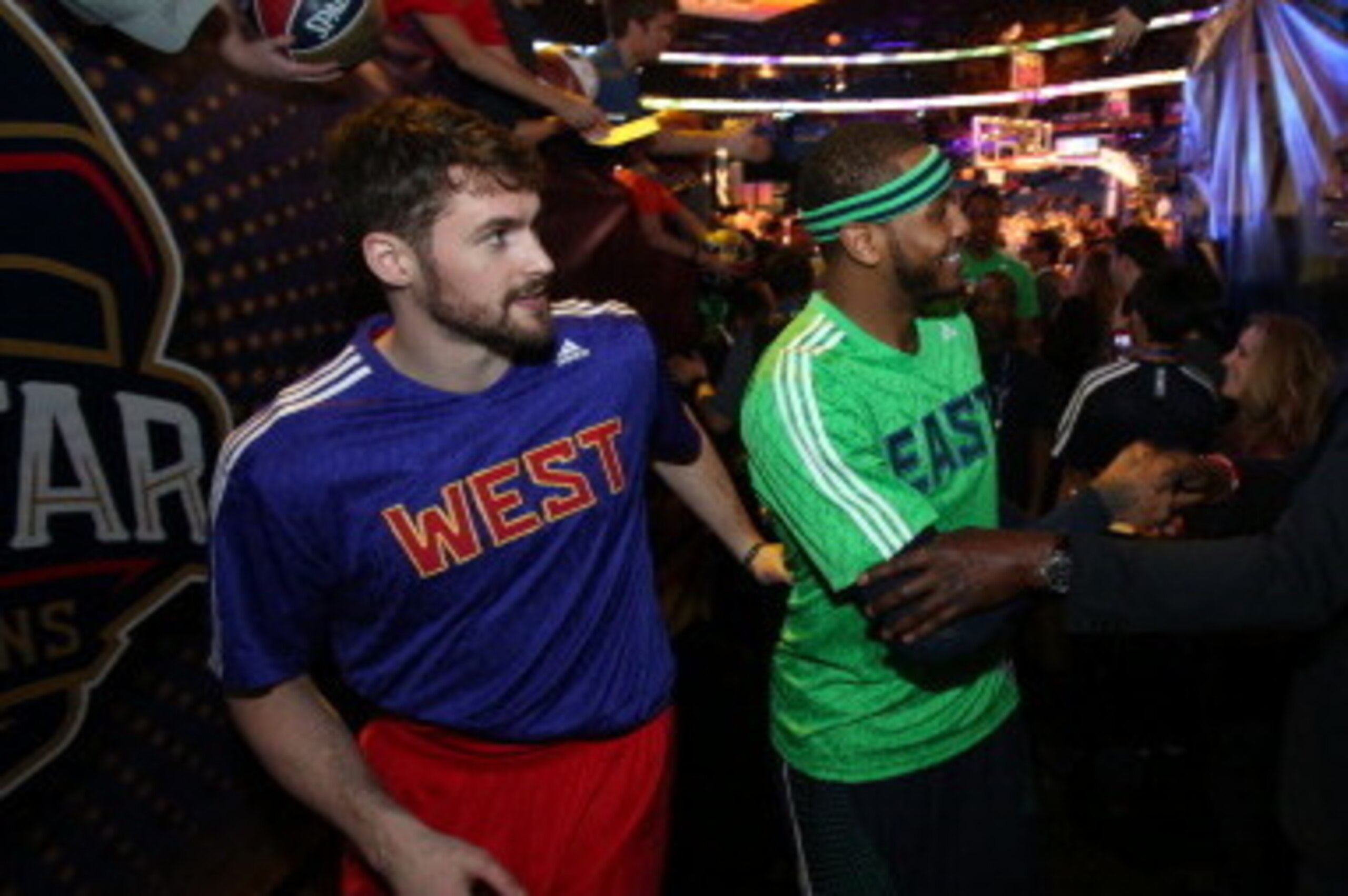 NEW ORLEANS, LA - FEBRUARY 16: Carmelo Anthony #7 of the Eastern COnference All-Stars and Kevin Love #42 of the Western Conference All-Stars during the 2014 NBA All-Star Game on February 16, 2014 at the Smoothie King Center in New Orleans, Louisiana. NOTE