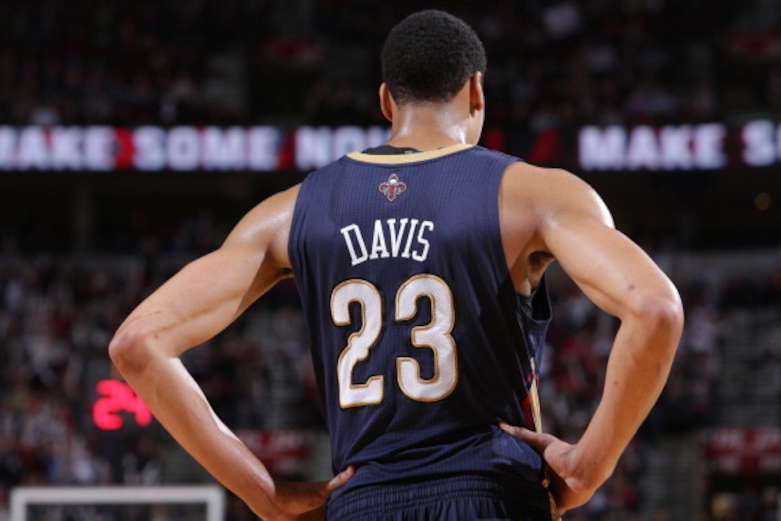 PORTLAND, OR - APRIL 6:  A close up shot of Anthony Davis #23 of the New Orleans Pelicans during the game against the Portland Trail Blazers on April 6, 2014 at the Moda Center Arena in Portland, Oregon. NOTE TO USER: User expressly acknowledges and agree