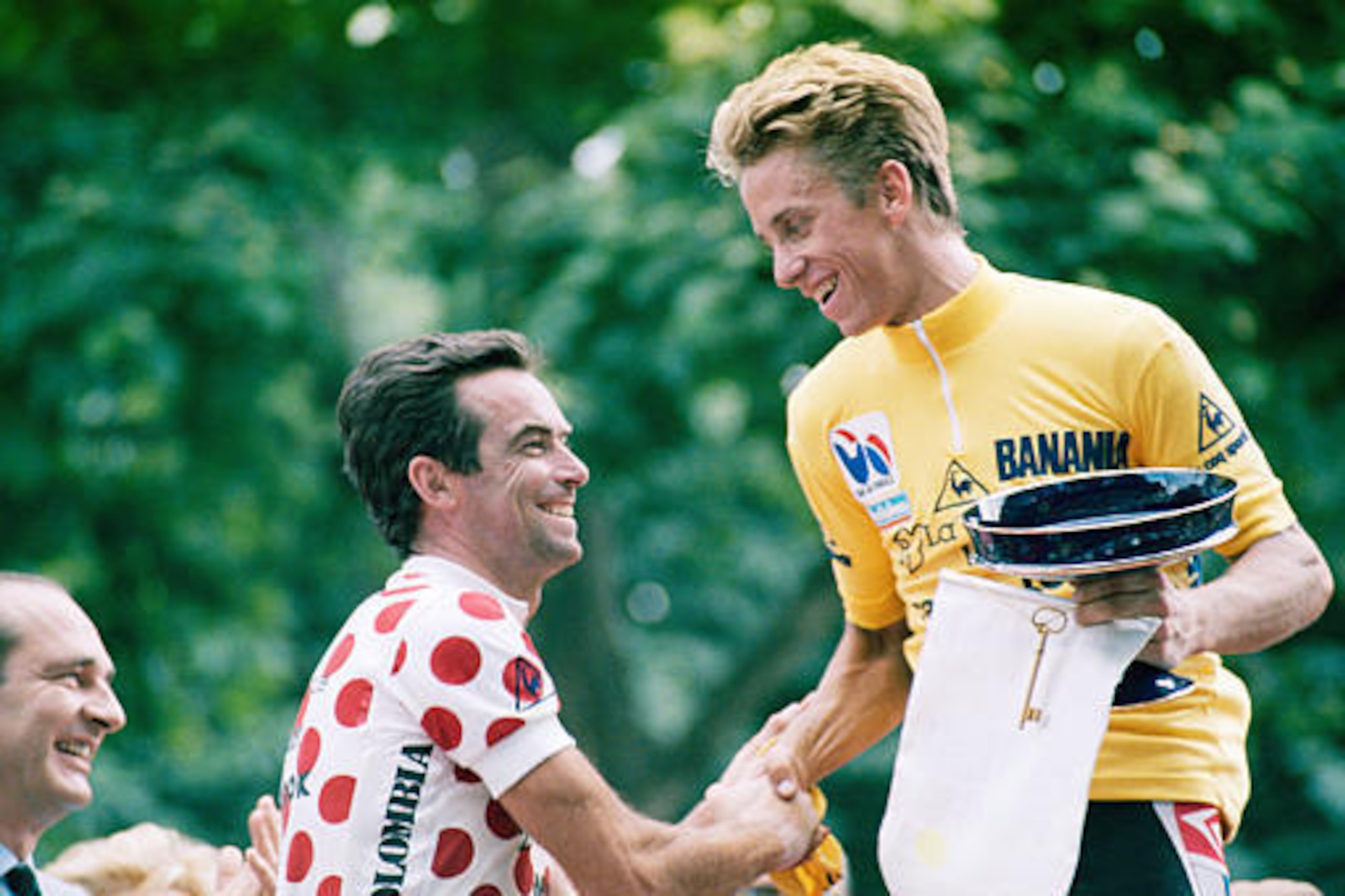 Greg LeMond is congratulated by Bernard Hinault after winning an acrimonious 1986 Tour de France in which he had to fight off the Frenchman. LeMond is still the only American officially recognised to have won the Tour.