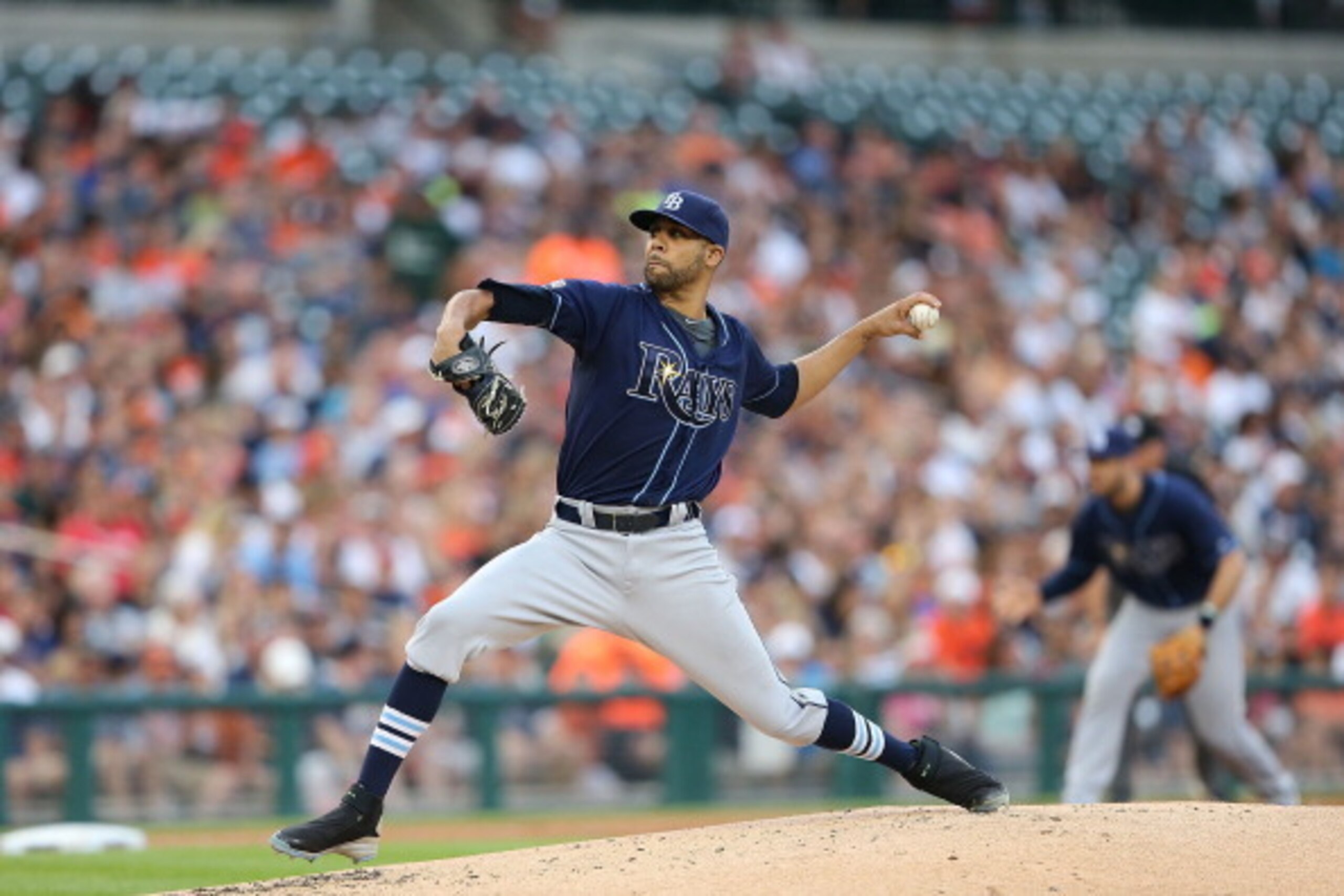 DETROIT, MI - JULY 06:  David Price #14 of the Tampa Bay Rays pitches during the first inning of the game against the Detroit Tigers at Comerica Park on July 6, 2014 in Detroit, Michigan.  (Photo by Leon Halip/Getty Images)