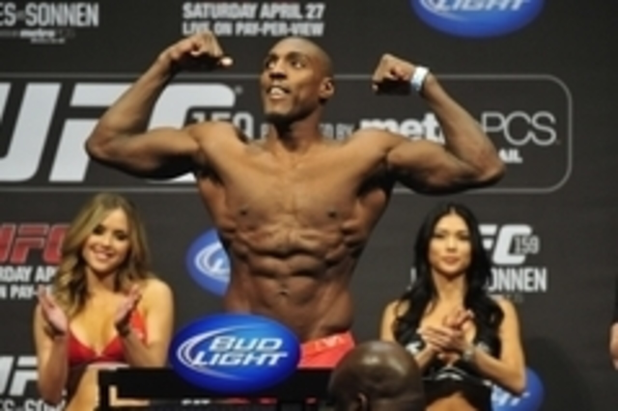 Apr 26, 2013; Newark, NJ, USA;  Phil Davis weighs in for his light heavyweight bout against Vinicius Magalhaes (pictured right) at the Prudential Center. Mandatory Credit: Joe Camporeale-USA TODAY Sports