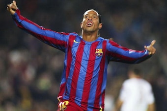 BARCELONA, SPAIN - DECEMBER 11:  Ronaldinho of Barcelona celebrates his goal during the Primera Liga match between Barcelona and Sevilla on December 11, 2005 at the Camp Nou stadium in Barcelona, Spain. (Photo by Denis Doyle/Getty Images)