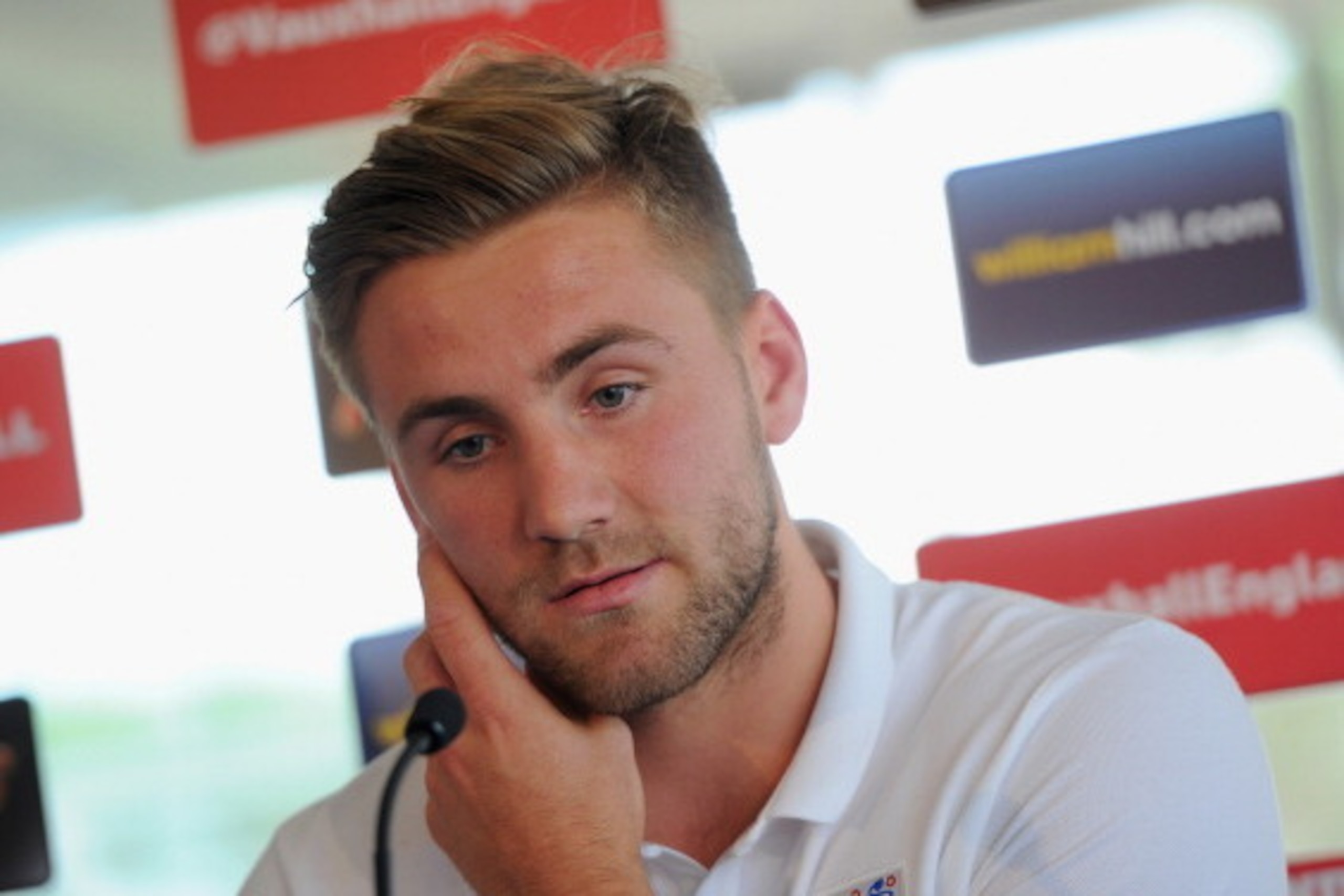 LAGOA, ALGARVE, PORTUGAL - MAY 21:  Luke Shaw speaks to the media after the England training session on May 21, 2014 in Lagoa, Algarve, Portugal.  (Photo by Michael Regan/Getty Images)