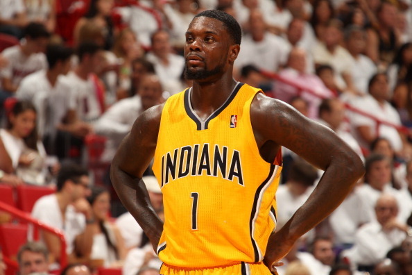 MIAMI, FL - MAY 30: Lance Stephenson #1 of the Indiana Pacers looks on in Game Six of the Eastern Conference Finals against the Miami Heat  during the 2014 NBA Playoffs on May 30, 2014 in Miami, Fl. NOTE TO USER: User expressly acknowledges and agrees tha