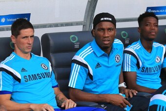 LJUBLJANA, SLOVENIA - JULY 27: Didier Drogba (R) and Fernando Torres (C) of Chelsea looks on prior the Pre Season Friendly  match between FC Olimpija Ljubljana and Chelsea at Stozice stadium in Ljubljana, Slovenia on Sunday, July 27, 2014. (Photo by Srdja