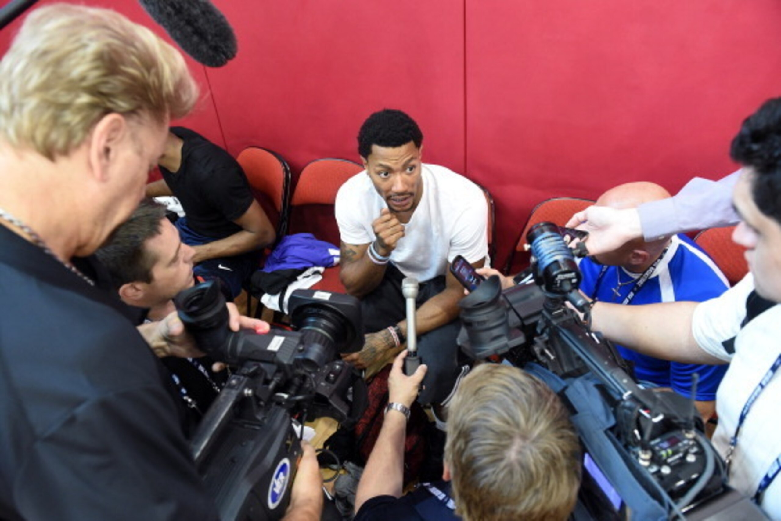 LAS VEGAS, NV - JULY 30:  Derrick Rose #41 of the 2014 USA Basketball Men's National Team is interviewed during a practice session at the Mendenhall Center on July 30, 2014 in Las Vegas, Nevada.  (Photo by Ethan Miller/Getty Images)