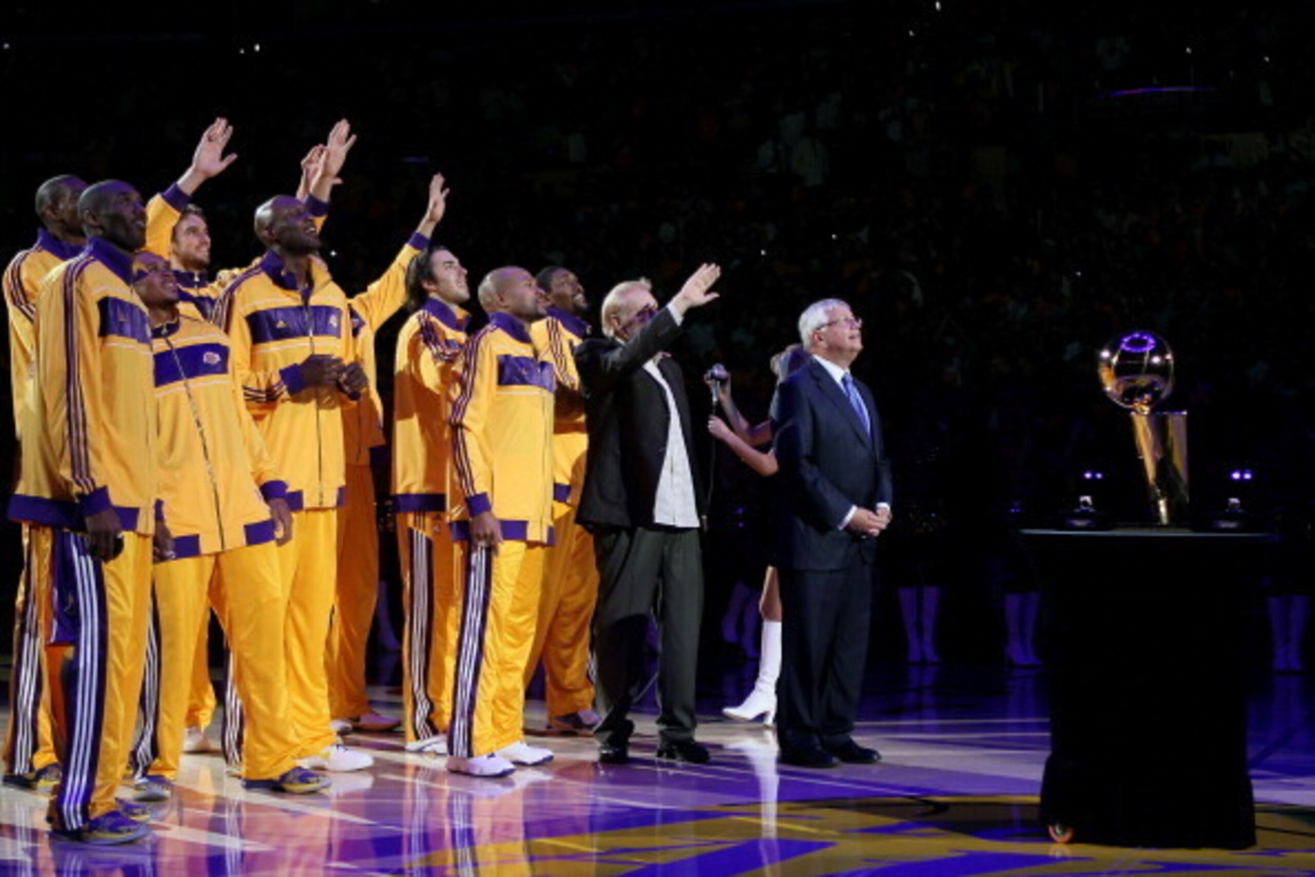 LOS ANGELES, CA - OCTOBER 26:  The Los Angeles Lakers react as the 2009-2010 Championship Banner is unveiled during a ceremony prior to their opening night game against the Houston Rockets at Staples Center on October 26, 2010 in Los Angeles, California. 