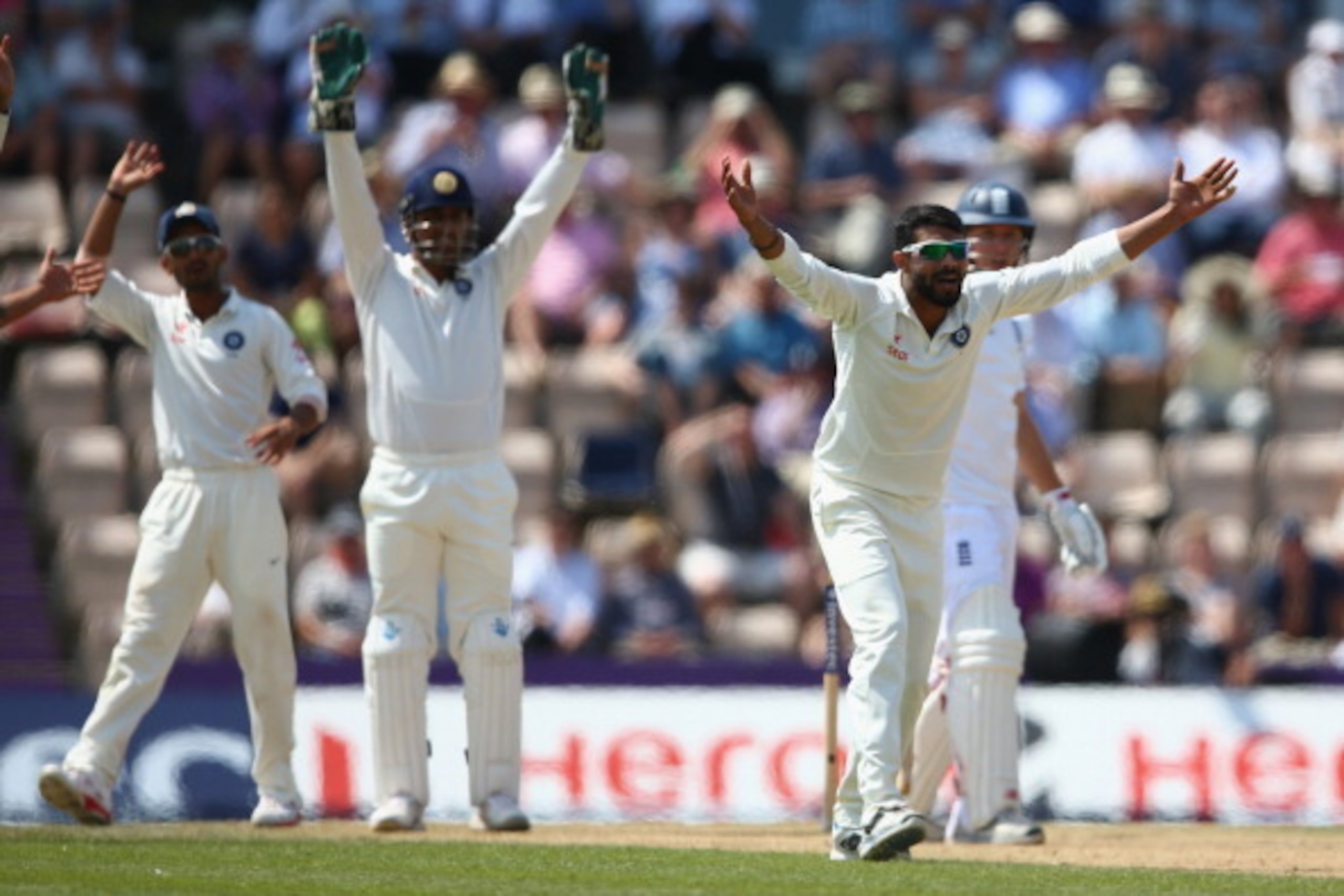 SOUTHAMPTON, ENGLAND - JULY 30: Ravindra Jadeja of India successfully appeals for the controversial wicket of Gary Ballance of England during day four of the 3rd Investec Test match between England and India at the Ageas Bowl on July 30, 2014 in Southampt