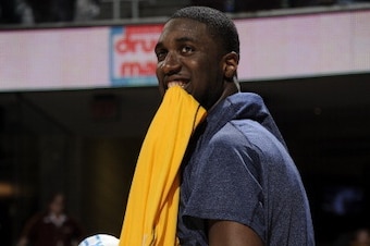 CLEVELAND, OH - DECEMBER 21: Roy Hibbert #55 of the Indiana Pacers kids around during a break in the action against the Cleveland Cavaliers at The Quicken Loans Arena on December 21, 2012 in Cleveland, Ohio. NOTE TO USER: User expressly acknowledges and a