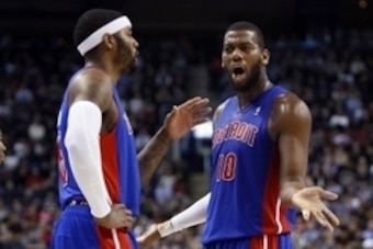 Mar 12, 2014; Toronto, Ontario, CAN; Detroit Pistons forward Josh Smith (6) and forward/center Greg Monroe (10) question a call by an official during the second half against the Toronto Raptors at the Air Canada Centre. Toronto defeated Detroit 101-87. Ma