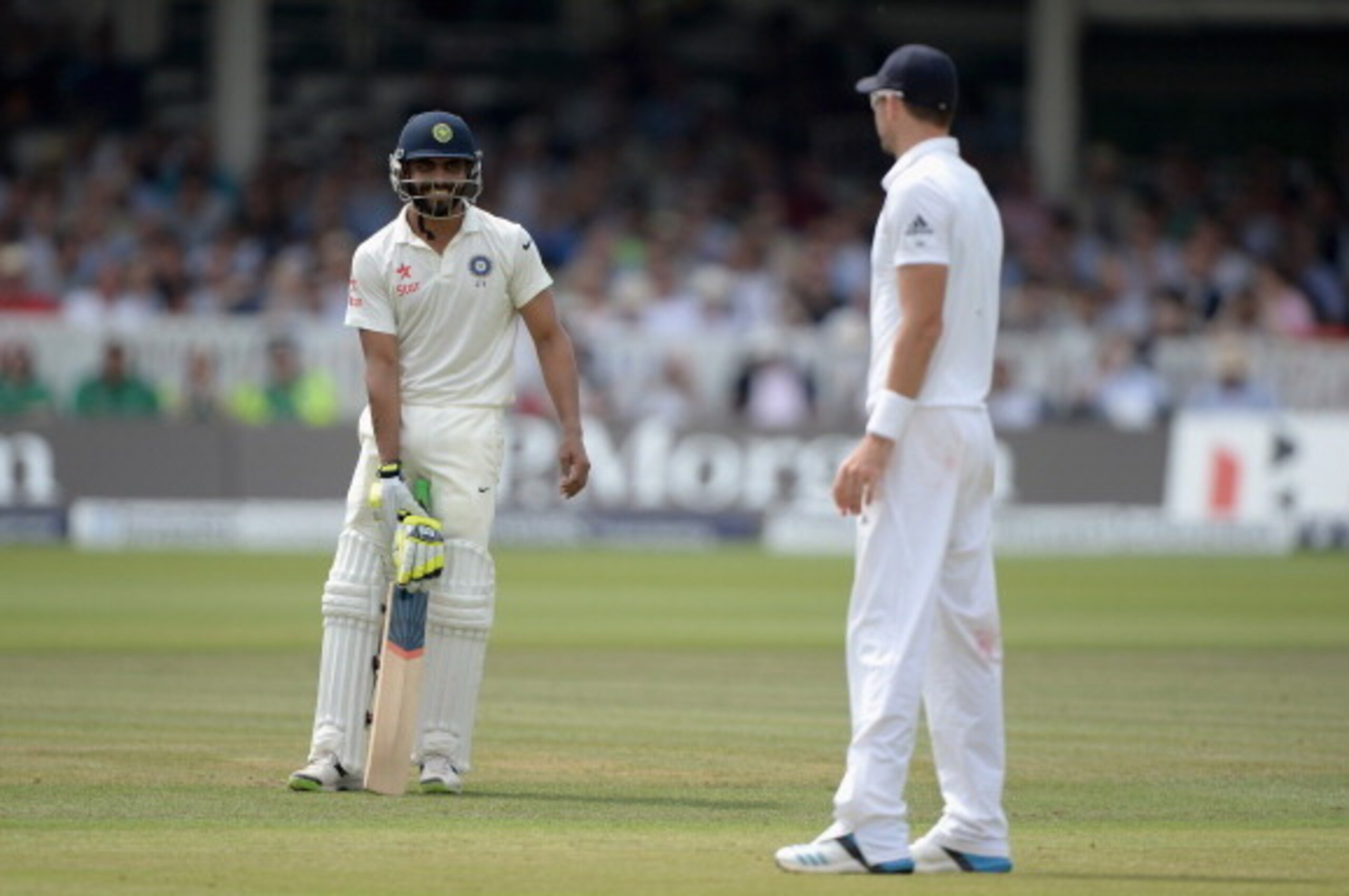 LONDON, ENGLAND - JULY 20: Ravindra Jadeja of India speaks with James Anderson of England during day four of 2nd Investec Test match between England and India at Lord's Cricket Ground on July 20, 2014 in London, United Kingdom. (Photo by Gareth Copley/G LONDON, ENGLAND - JULY 20: Ravindra Jadeja of India speaks with James Anderson of England during day four of 2nd Investec Test match between England and India at Lord's Cricket Ground on July 20, 2014 in London, United Kingdom. (Photo by Gareth Copley/G