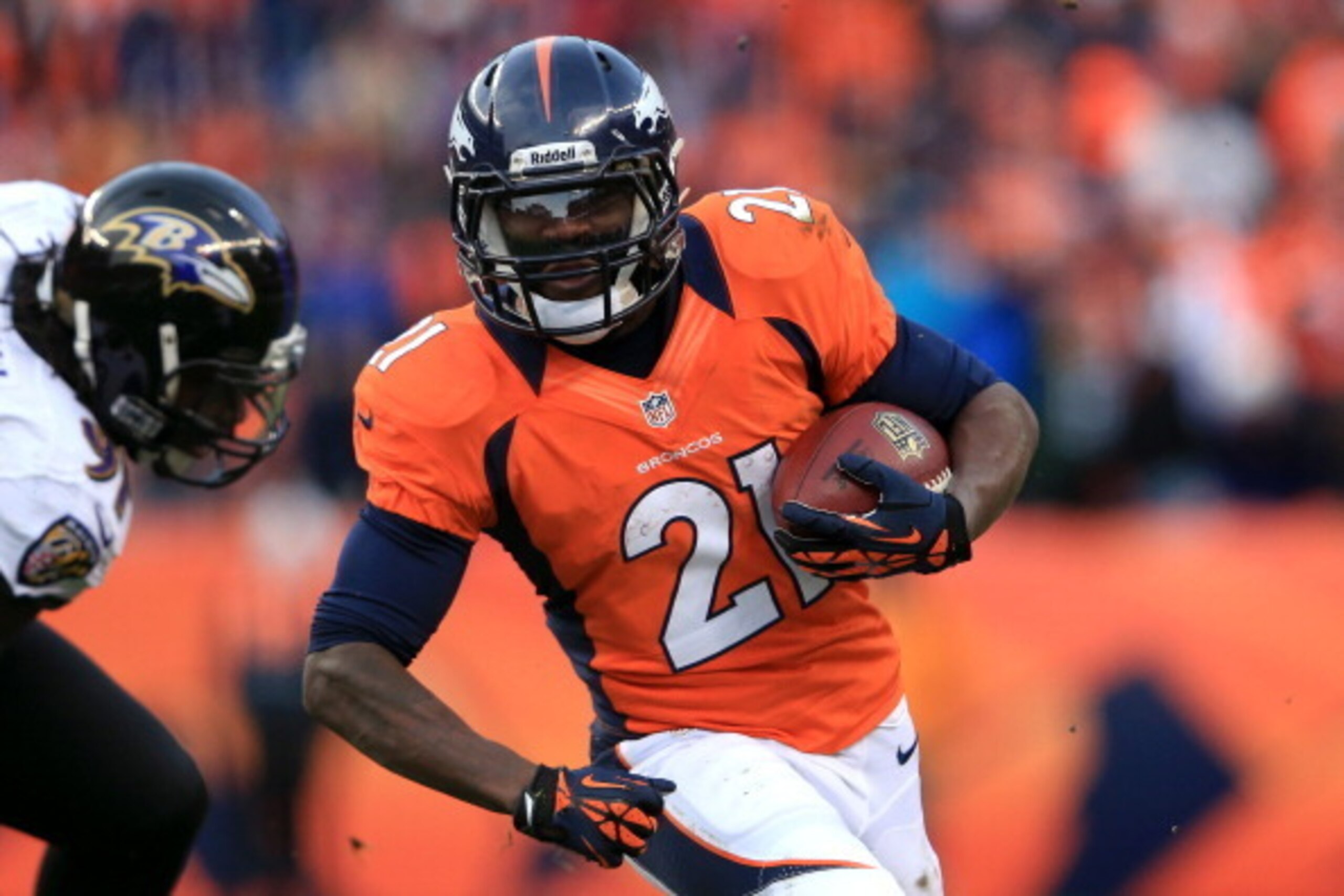 DENVER, CO - JANUARY 12:  Ronnie Hillman #21 of the Denver Broncos runs with the ball against the Baltimore Ravens during the AFC Divisional Playoff Game at Sports Authority Field at Mile High on January 12, 2013 in Denver, Colorado. The Ravens won 38-35 