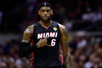 Jun 15, 2014; San Antonio, TX, USA; Miami Heat forward LeBron James (6) calls a play during the first quarter against the San Antonio Spurs in game five of the 2014 NBA Finals at AT&T Center. Mandatory Credit: Bob Donnan-USA TODAY Sports