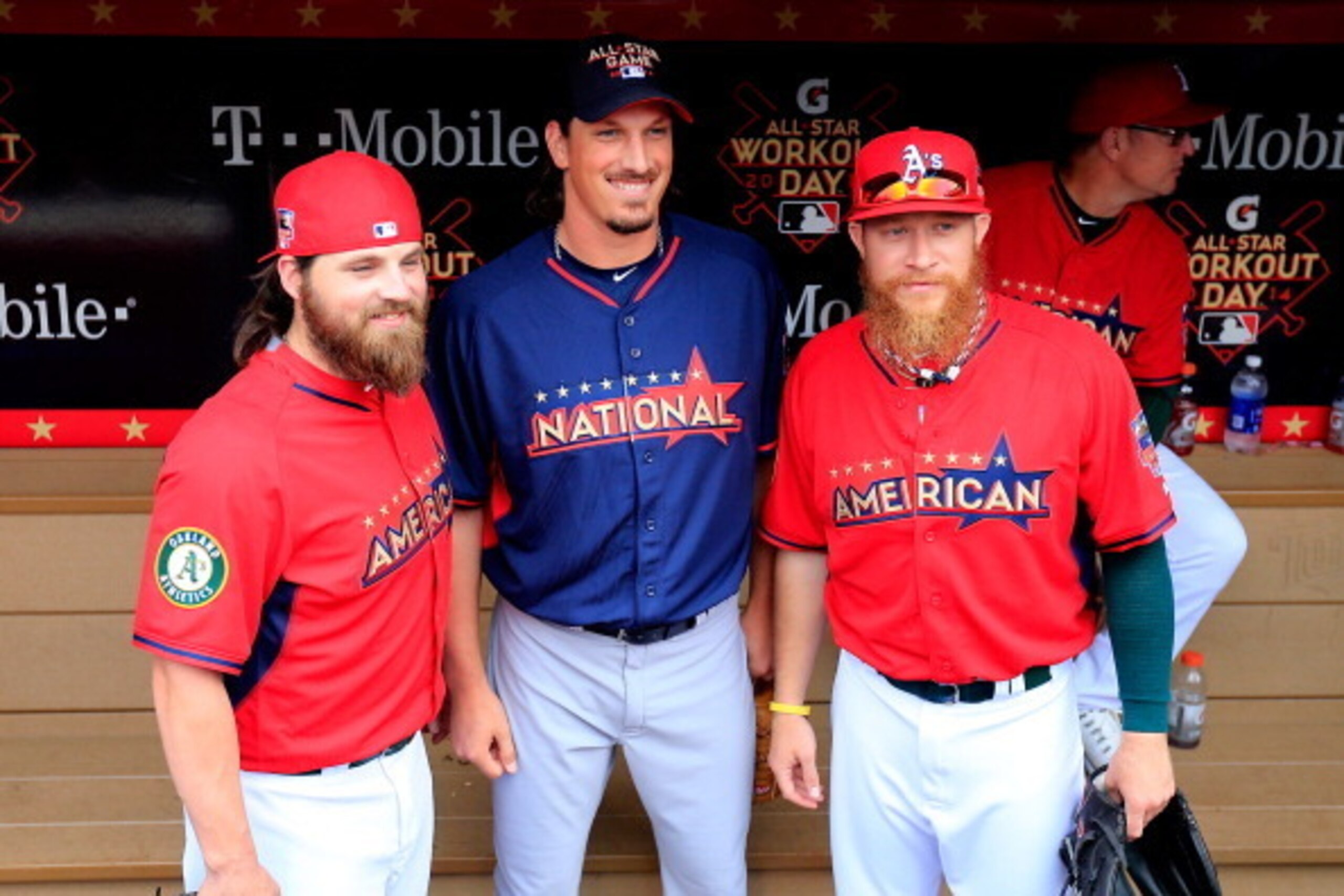 MINNEAPOLIS, MN - JULY 14:  American League All-Stars Sean Doolittle #62 and Derek Norris #36 of the Oakland Athletics pose with National League All-Star Jeff Samardzija #29 of the Chicago Cubs during the Gatorade All-Star Workout Day at Target Field on J