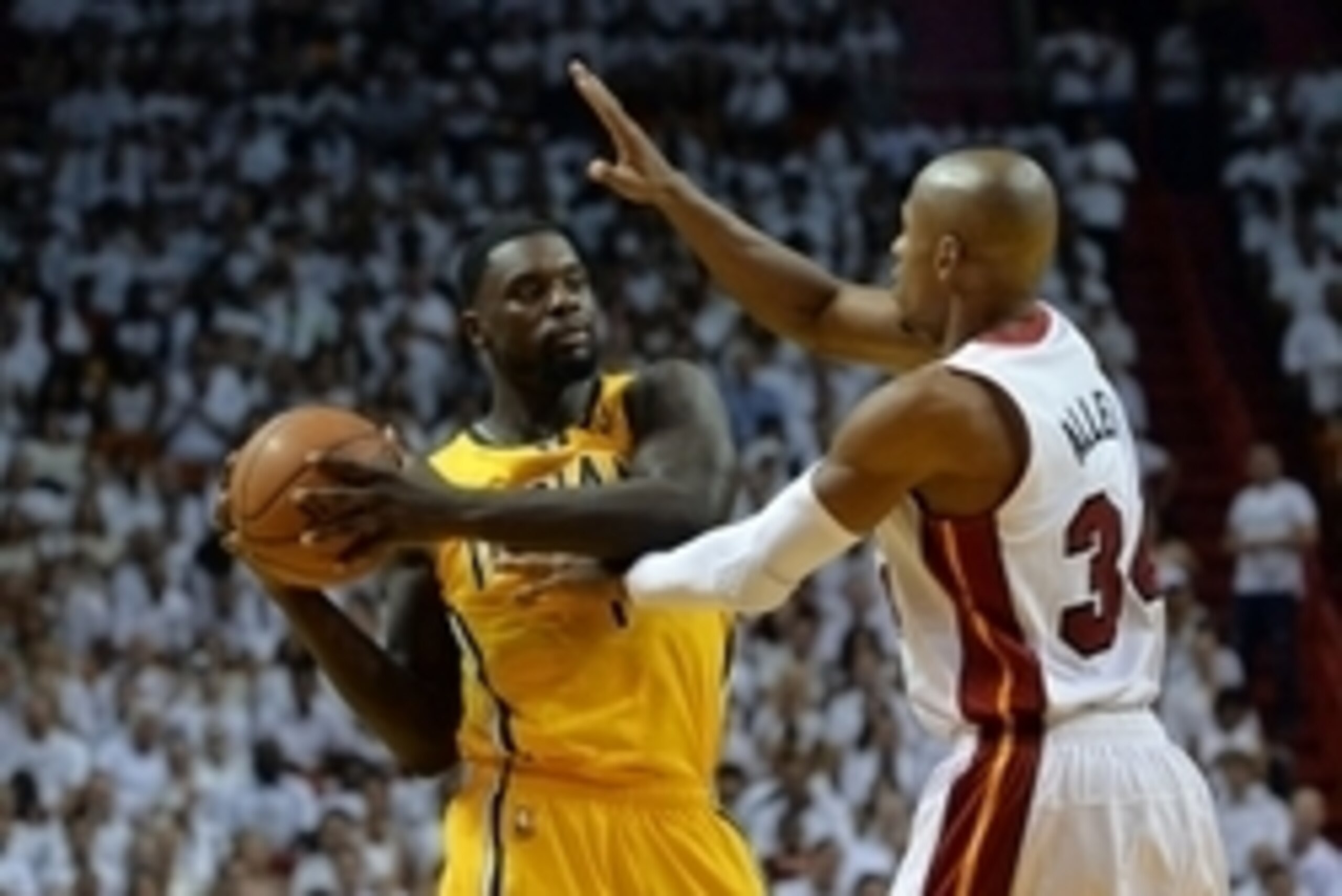 May 30, 2014; Miami, FL, USA; Indiana Pacers guard Lance Stephenson (1) is pressured by Miami Heat guard Ray Allen (34) in game six of the Eastern Conference Finals of the 2014 NBA Playoffs at American Airlines Arena. Mandatory Credit: Steve Mitchell-USA 