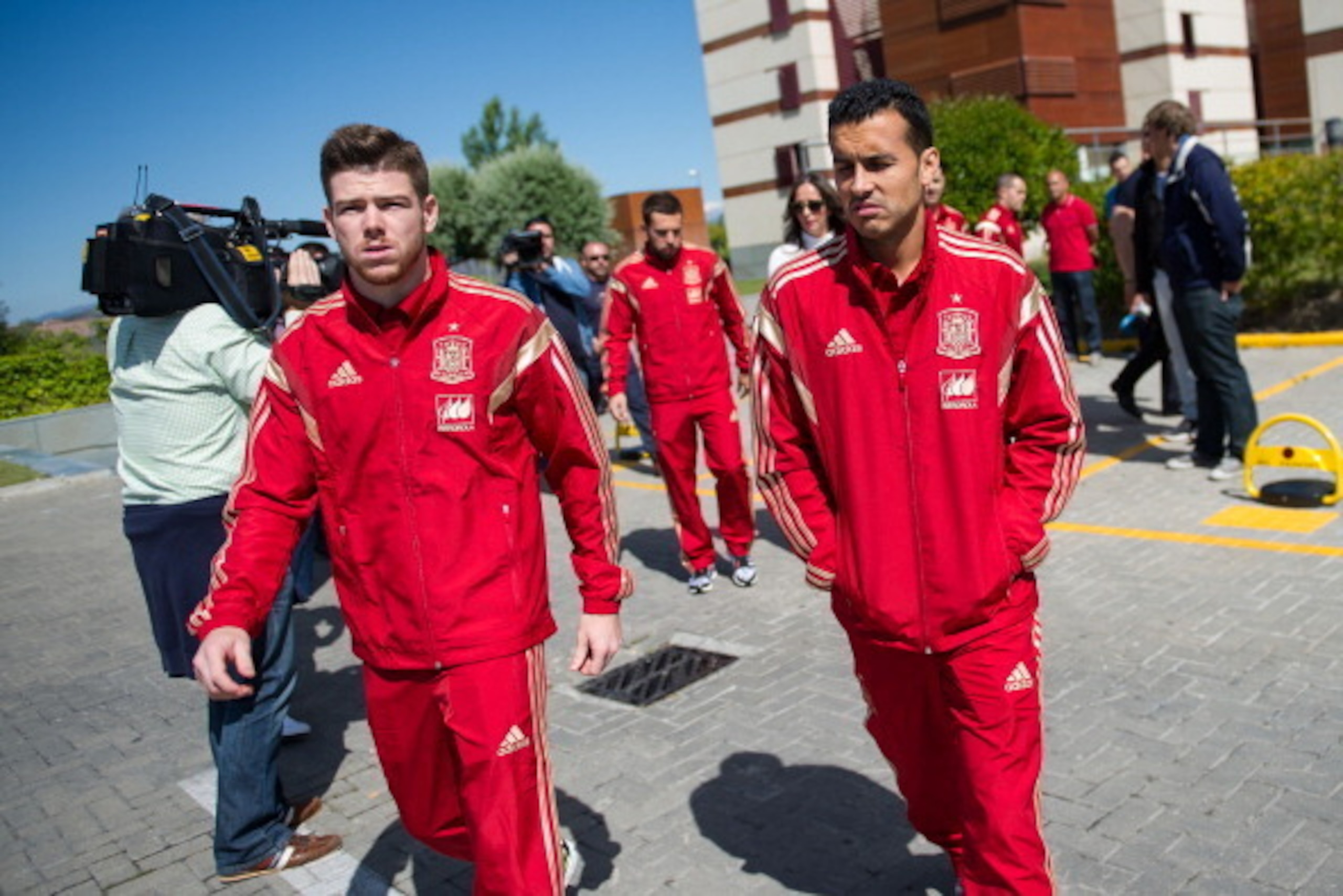 LAS ROZAS DE MADRID, SPAIN - MAY 26:  Alberto Moreno (L) and Pedro Rodriguez of Spain walks on during training camp at Ciudad del Futbol on May 26, 2014 in Las Rozas de Madrid, Spain.  (Photo by David Ramos/Getty Images)