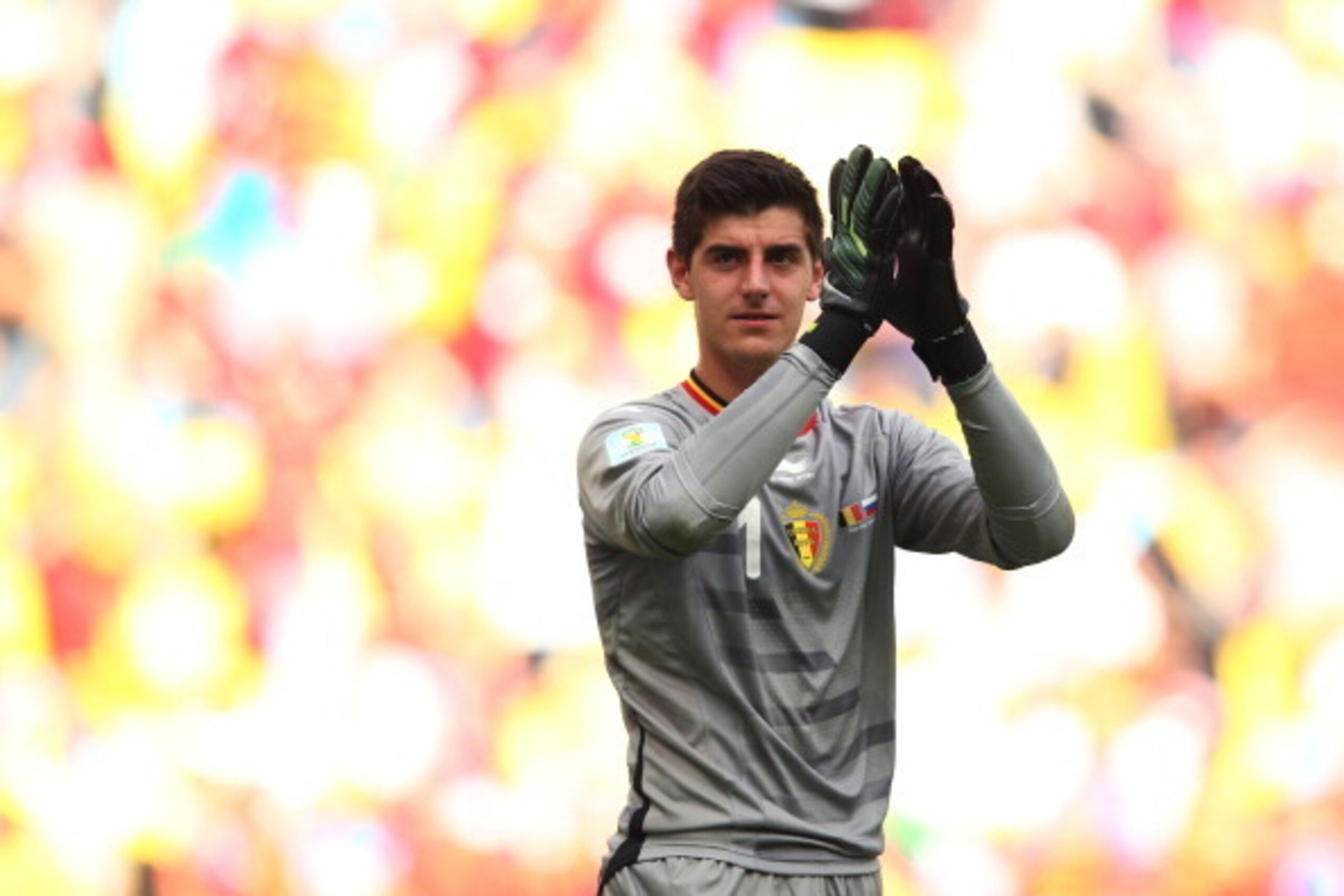 RIO DE JANEIRO, BRAZIL - JUNE 22: Thibaut Courtois of Belgium acknowledges the crowd after defeating Russia 1-0 during the 2014 FIFA World Cup Brazil Group H match between Belgium and Russia at Maracana on June 22, 2014 in Rio de Janeiro, Brazil.  (Photo 