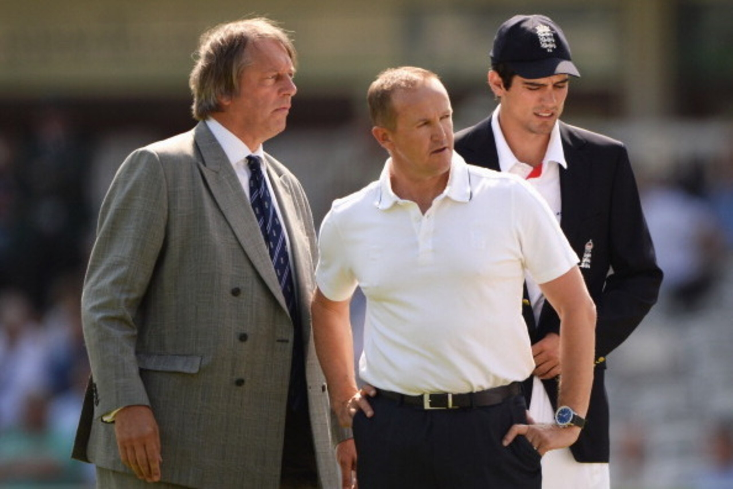 LONDON, ENGLAND - JULY 18: ECB Chairman Giles Clarke (L) talks to England captain Alastair Cook (R) and coach Andy Flower as they wait for Queen Elizabeth II prior to day one of the 2nd Investec Ashes Test match between England and Australia at Lord's Cri LONDON, ENGLAND - JULY 18: ECB Chairman Giles Clarke (L) talks to England captain Alastair Cook (R) and coach Andy Flower as they wait for Queen Elizabeth II prior to day one of the 2nd Investec Ashes Test match between England and Australia at Lord's Cri