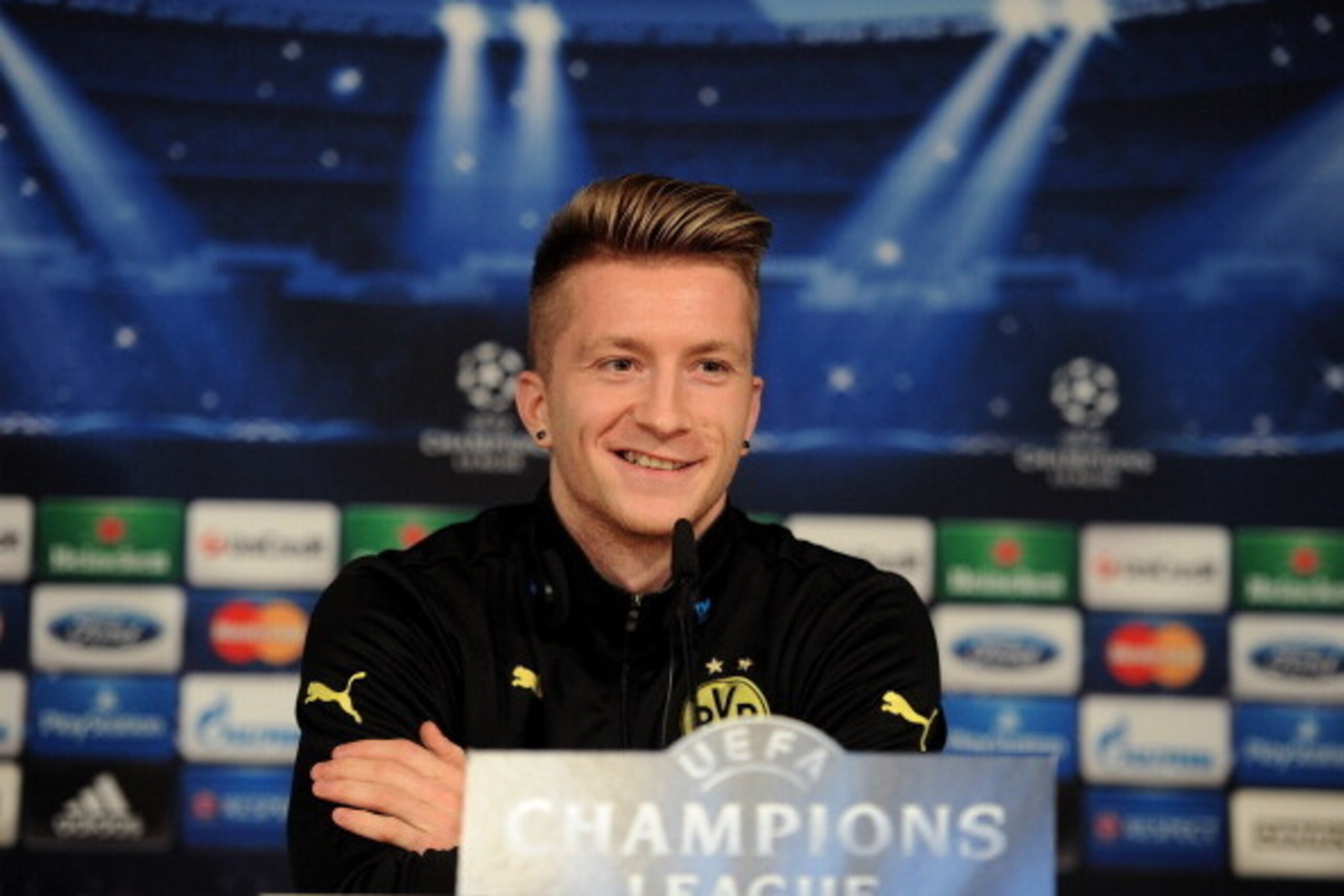 MADRID, SPAIN - APRIL 01:  Marco Reus of Borussia Dortmund gives a press conference at Santiago Bernabeu stadium ahead of the UEFA Champions League quarter-final match between Real Madrid and Borussia Dortmund, on April 1, 2014 in Madrid, Spain.  (Photo b