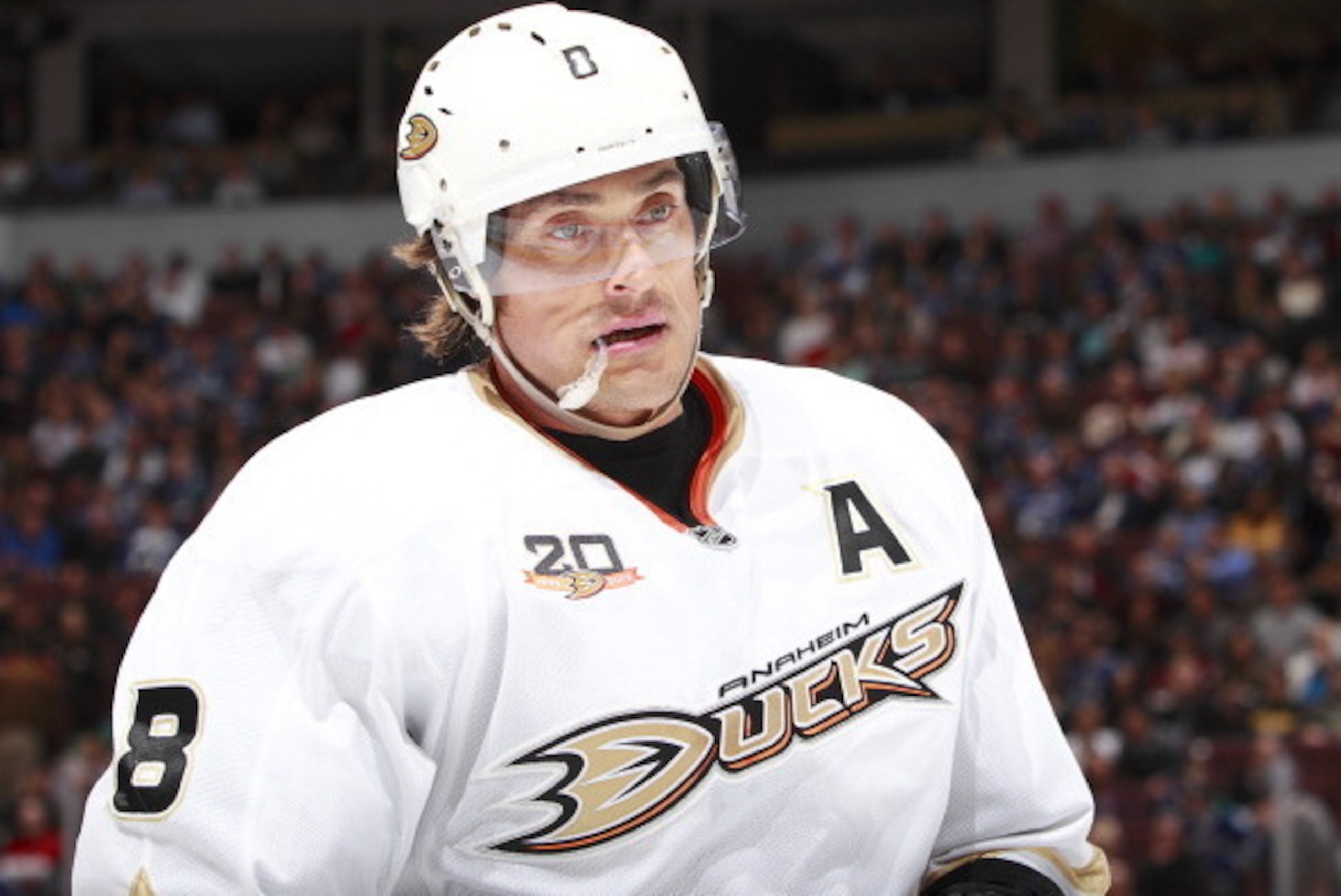 VANCOUVER, BC - APRIL 7:  Teemu Selanne #8 of the Anaheim Ducks skates up ice during their NHL game against the Vancouver Canucks at Rogers Arena April 7, 2014 in Vancouver, British Columbia, Canada.  Anaheim won 3-0 to eliminate the Canucks from the play