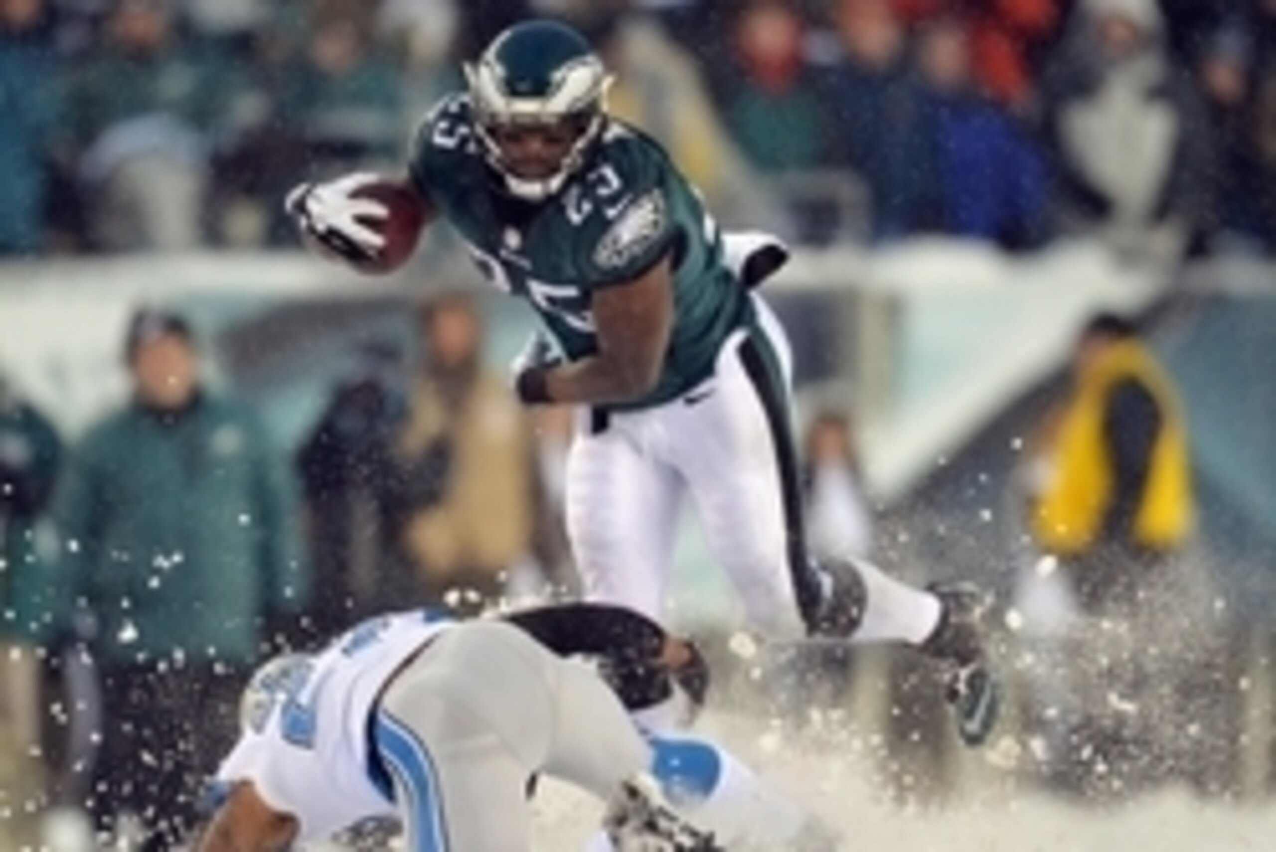 Dec 8, 2013; Philadelphia, PA, USA; Philadelphia Eagles running back LeSean McCoy (25) runs for a first down against Detroit Lions player Glover Quin during the fourth quarter action at Lincoln Financial Field. Mandatory Credit: Jeffrey G. Pittenger-USA T