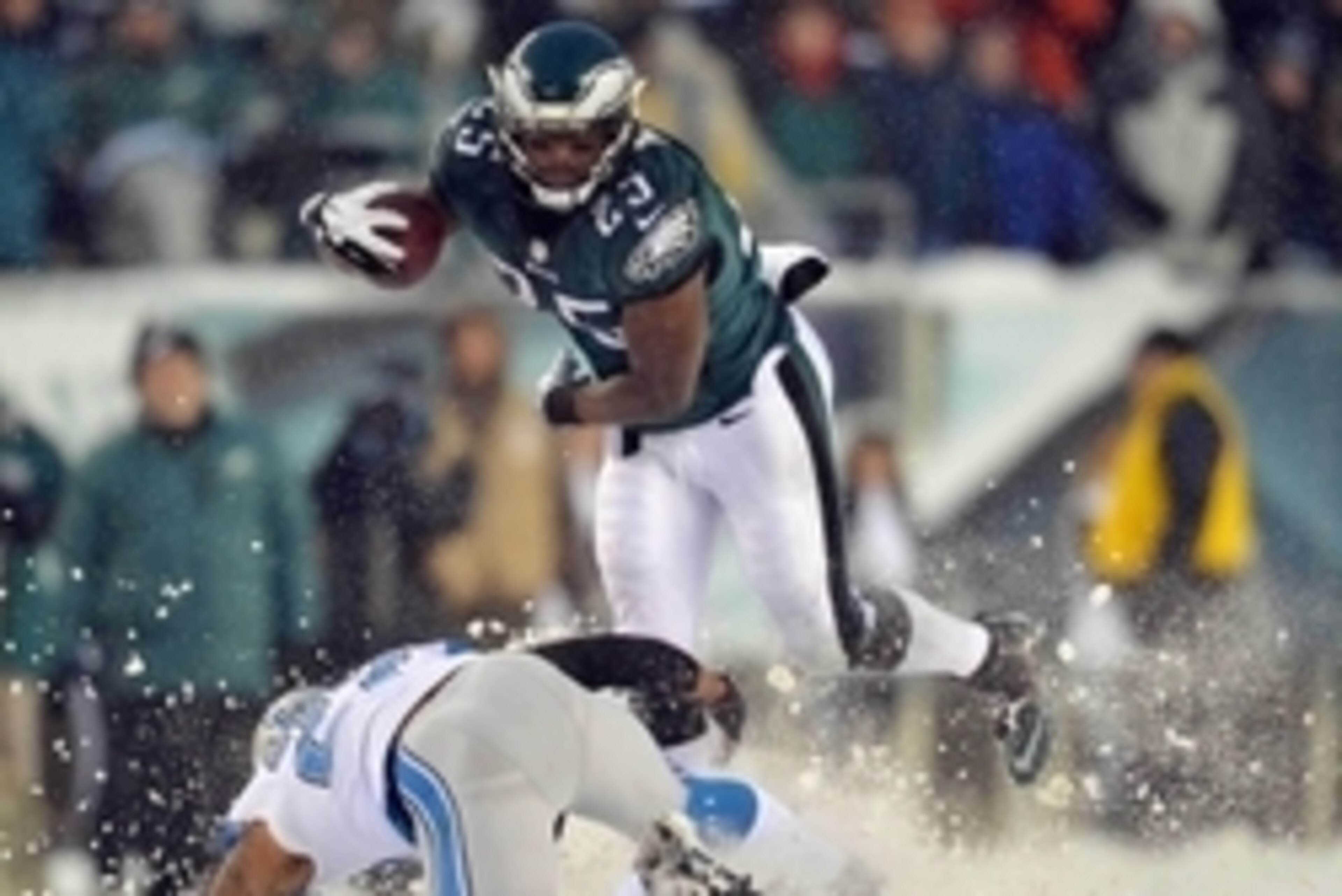 Dec 8, 2013; Philadelphia, PA, USA; Philadelphia Eagles running back LeSean McCoy (25) runs for a first down against Detroit Lions player Glover Quin during the fourth quarter action at Lincoln Financial Field. Mandatory Credit: Jeffrey G. Pittenger-USA T