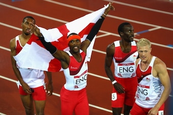 GLASGOW, SCOTLAND - AUGUST 02:  Conrad Williams, Matthew Hudson-Smith, Michael Bingham and Daniel Awde of England  celebrate winning gold in the MenÂs 4x400 metres relay at Hampden Park during day ten of the Glasgow 2014 Commonwealth Games on August 2, 20