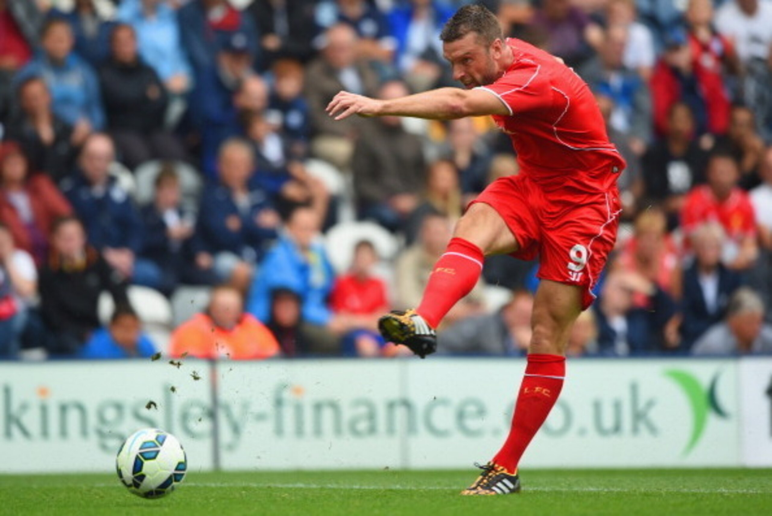 PRESTON, LANCASHIRE - JULY 19: Rickie Lambert of Liverpool shoots at goal during the pre season friendly match between Preston North End and Liverpool at Deepdale on July 19, 2014 in Preston, Lancashire.  (Photo by Michael Regan/Getty Images)