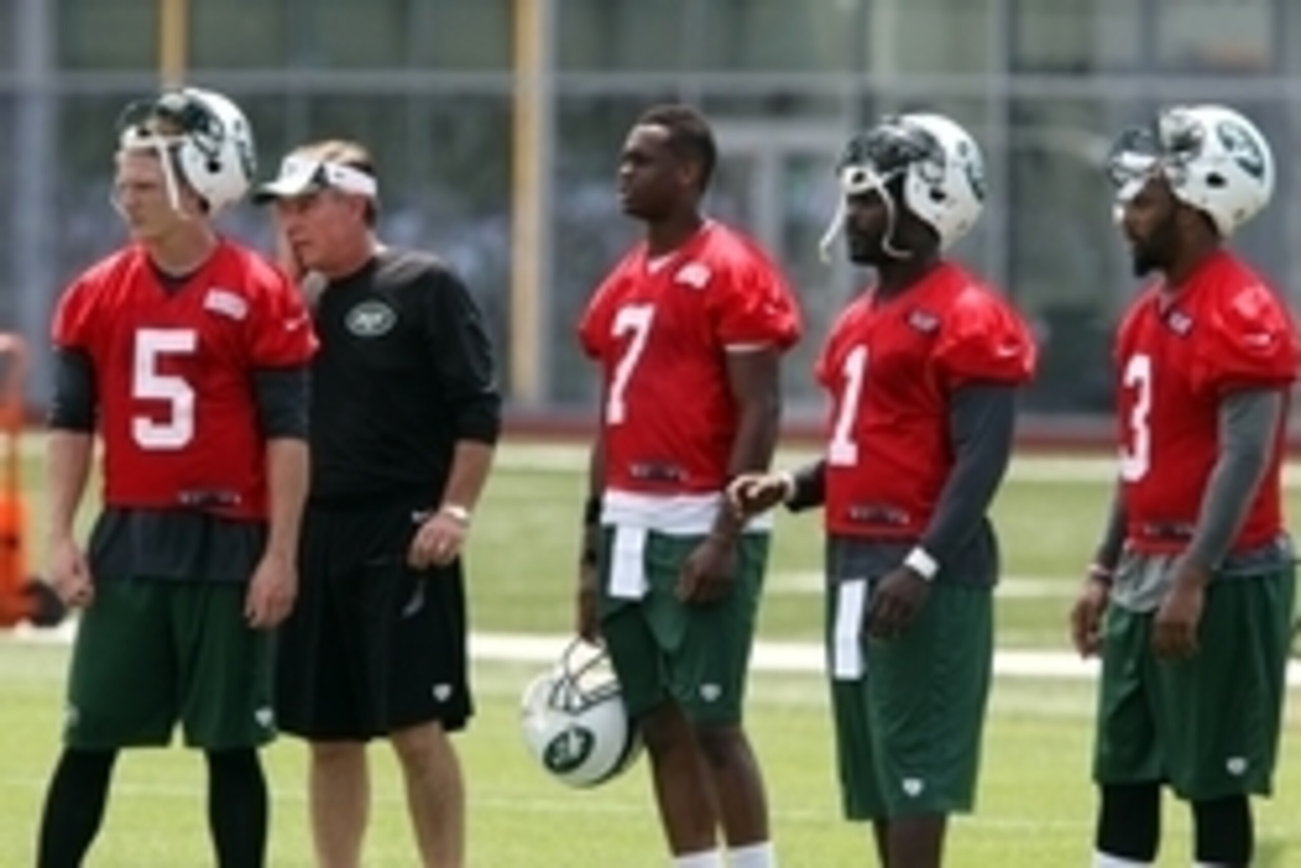 Jun 17, 2014; Florham Park, USA; New York Jets quarterbacks Matt Simms (5), Geno Smith (7) , Michael Vick and Tajh Boyd (3) with quarterback coach David Lee during New York Jets minicamp at Atlantic Health Training Center. Mandatory Credit: Noah K. Murr Jun 17, 2014; Florham Park, USA; New York Jets quarterbacks Matt Simms (5), Geno Smith (7) , Michael Vick and Tajh Boyd (3) with quarterback coach David Lee during New York Jets minicamp at Atlantic Health Training Center. Mandatory Credit: Noah K. Murr