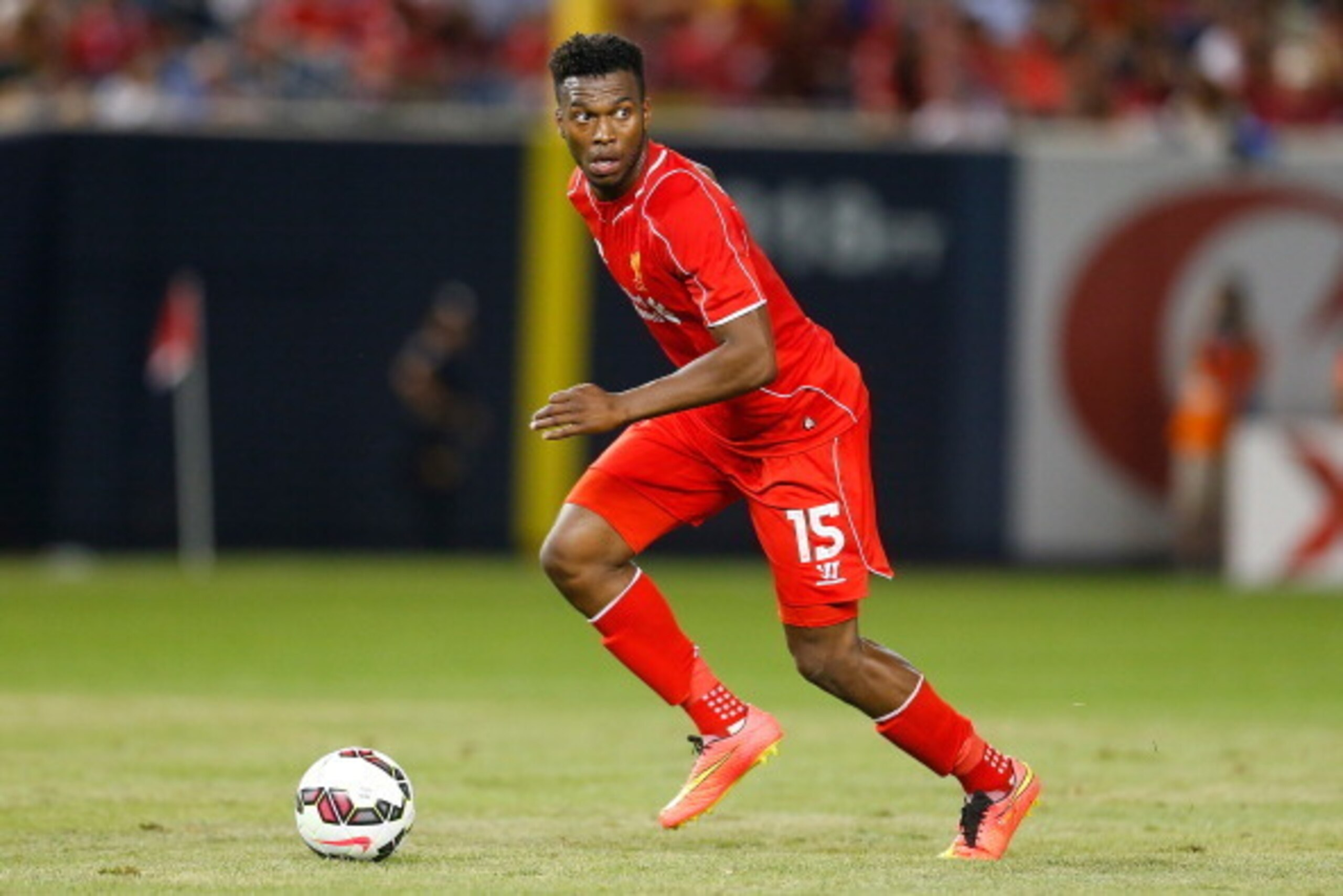 NEW YORK, NY - JULY 30:  Daniel Sturridge #15 of Liverpool in action against Manchester City during the International Champions Cup 2014 at Yankee Stadium on July 30, 2014 in the Bronx borough of New York City.  (Photo by Mike Stobe/Getty Images)