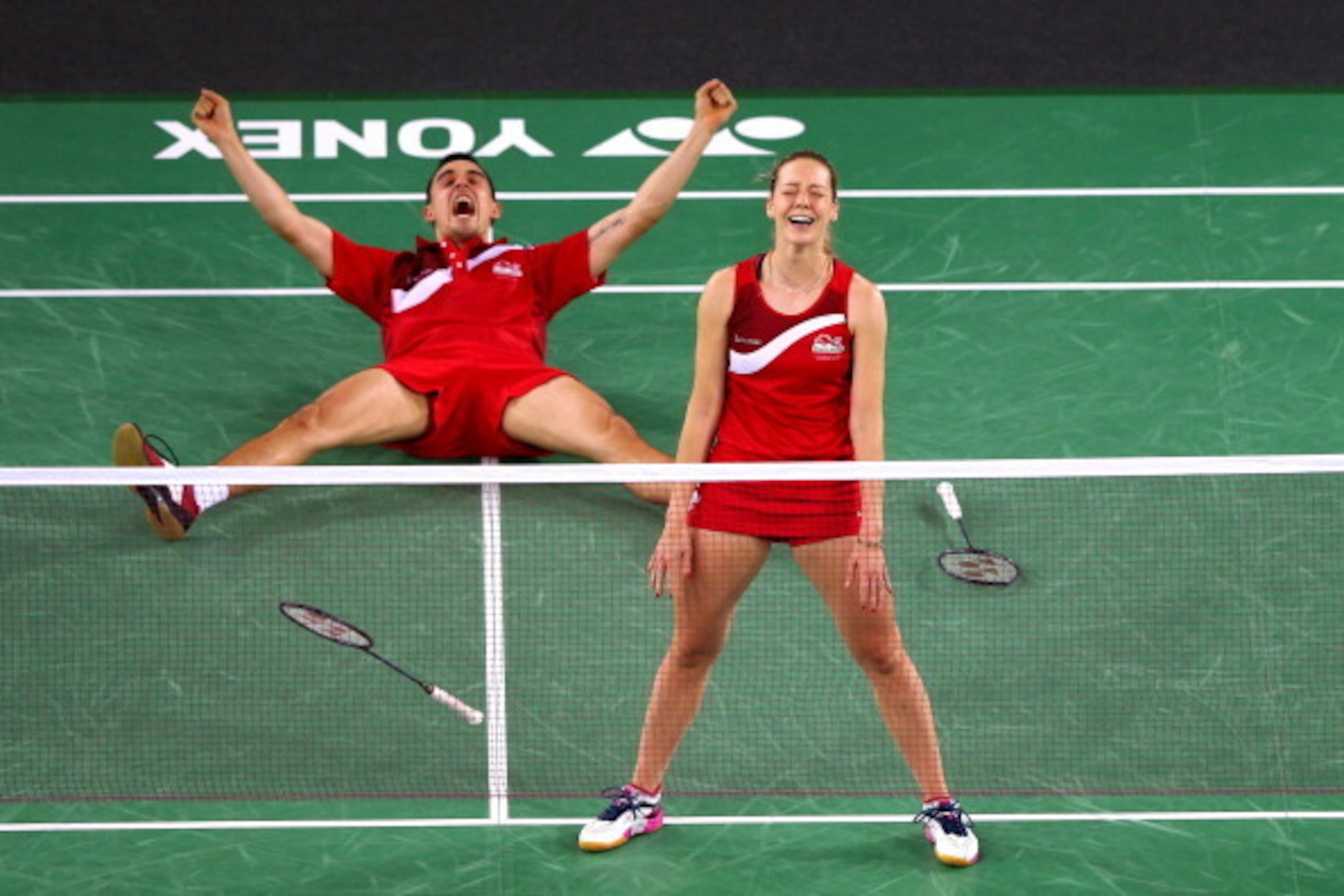 GLASGOW, SCOTLAND - AUGUST 03: Gabrielle Adcock and Chris Adcock of England celebrate victory in the Mixed Doubles Gold Medal Match against Chris Langridge and Heather Olver of England at Emirates Arena during day eleven of the Glasgow 2014 Commonwealth GLASGOW, SCOTLAND - AUGUST 03: Gabrielle Adcock and Chris Adcock of England celebrate victory in the Mixed Doubles Gold Medal Match against Chris Langridge and Heather Olver of England at Emirates Arena during day eleven of the Glasgow 2014 Commonwealth