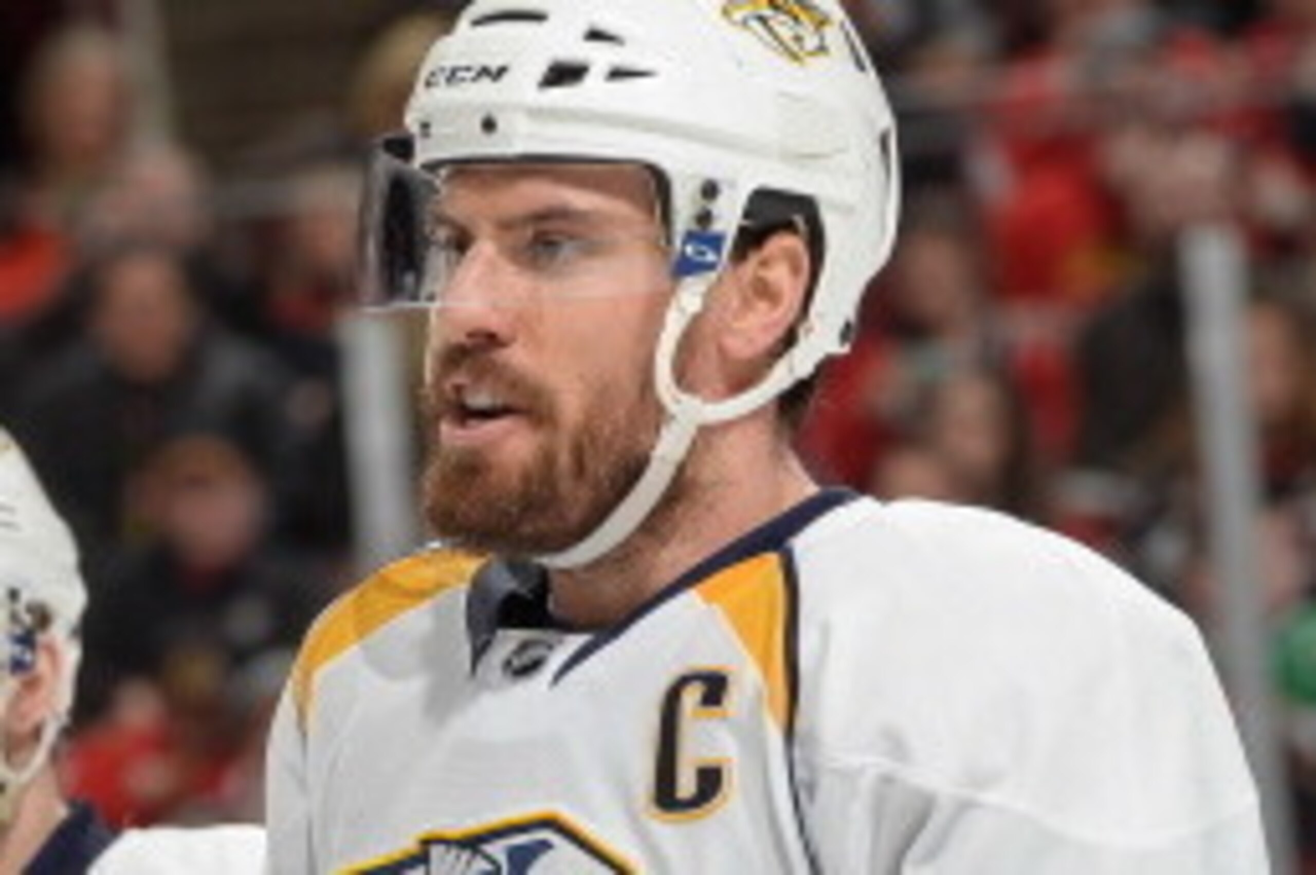 CHICAGO, IL - MARCH 23: Shea Weber #6 of the Nashville Predators stands in front of teammate Nick Spaling #13 during the NHL game against the Chicago Blackhawks on March 23, 2014 at the United Center in Chicago, Illinois. (Photo by Bill Smith/NHLI via Get